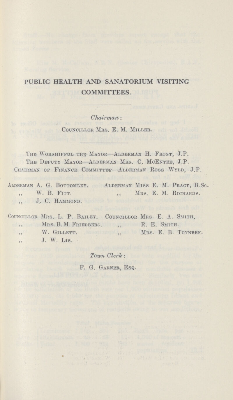 PUBLIC HEALTH AND SANATORIUM VISITING COMMITTEES. Chairman: Councillor Mrs. E. M. Miller. The Worshipful the Mayor—Alderman H. Frost, J.P. The Deputy Mayor—Alderman Mrs. C. McEntee, J.P. Chairman of Finance Committed—Alderman Ross Wyld, J.P. Alderman A. G. Bottomley. Alderman Miss E. M. Pracy, B.Sc. ,, W. B. Fitt. ,, Mrs. E. M. Richards. ,, J. C. Hammond. Councillor Mrs. L. P. Bailey. Councillor Mrs. E. A. Smith. ,, Mrs. B. M. Friedberc;. ,, R. E. Smith. „ W. Gillett. ,, Mrs. E. B. Toynbee. ,, J. W. Lis. Town Clerk : F. G. Garner, Esq.