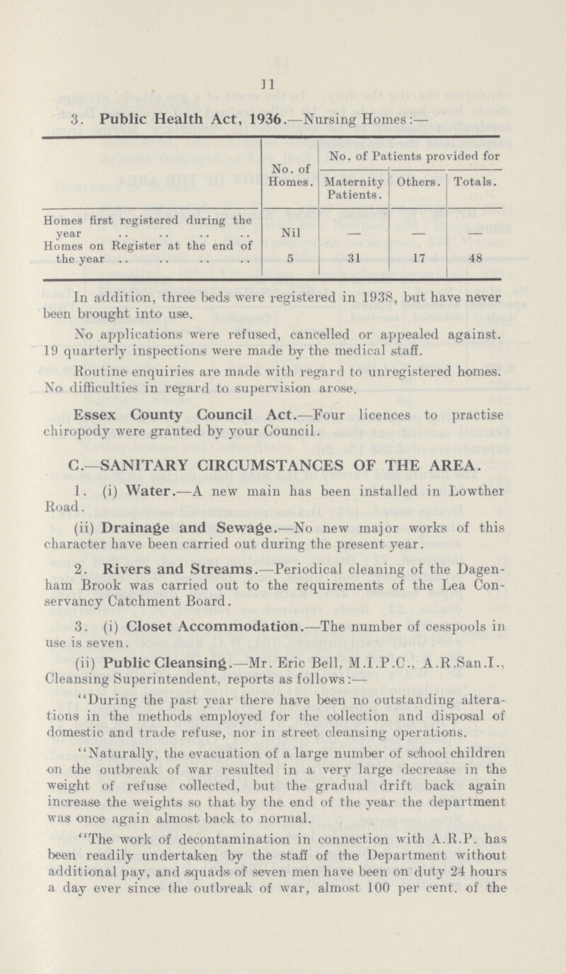 11 3. Public Health Act, 1936.—Nursing Homes:— No. of Homes. No. of Patients provided for Maternity Patients. Others. Totals. Homes first registered during the year Nil - - - Homes on Register at the end of the year 5 31 17 48 In addition, three beds were registered in 1938, but have never been brought into use. No applications were refused, cancelled or appealed against. 19 quarterly inspections were made by the medical staff. Routine enquiries are made with regard to unregistered homes. No difficulties in regard to supervision arose. Essex County Council Act.— Four licences to practise chiropody were granted by your Council. C.— SANITARY CIRCUMSTANCES OF THE AREA. 1. (i) Water. —A new main has been installed in Lowther Road. (ii) Drainage and Sewage. —No new major works of this character have been carried out during the present year. 2. Rivers and Streams.— Periodical cleaning of the Dagen ham Brook was carried out to the requirements of the Lea Con servancy Catchment Board. 3. (i) Closet Accommodation.— The number of cesspools in use is seven. (ii) Public Cleansing.— Mr. Eric Bell, M.I.P.C., A.R.San.I., Cleansing Superintendent, reports as follows:— During the past year there have been no outstanding altera tions in the methods employed for the collection and disposal of domestic and trade refuse, nor in street) cleansing operations. Naturally, the evacuation of a large number of school children on the outbreak of war resulted in a very large decrease in the weight of refuse collected, but the gradual drift back again increase the weights so that by the end of the year the department was once again almost back to normal. The work of decontamination in connection with A.R.P. has been readily undertaken by the staff of the Department without additional pay, and squads of seven men have been on duty 24 hours a day ever since the outbreak of war, almost 100 per cent. of the