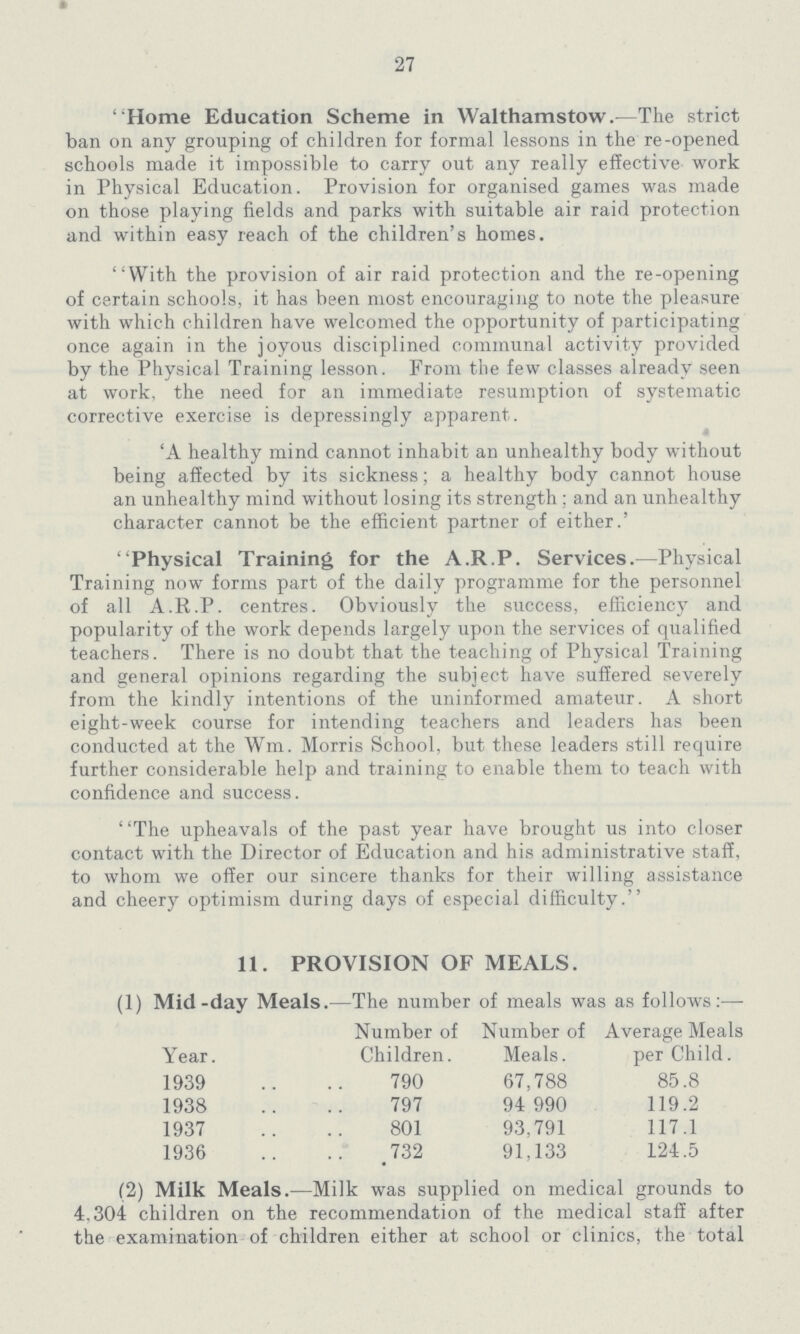27 Home Education Scheme in Walthamstow.—The strict ban on any grouping of children for formal lessons in the re-opened schools made it impossible to carry out any really effective work in Physical Education. Provision for organised games was made on those playing fields and parks with suitable air raid protection and within easy reach of the children's homes. With the provision of air raid protection and the re-opening of certain schools, it has been most encouraging to note the pleasure with which children have welcomed the opportunity of participating once again in the joyous disciplined communal activity provided by the Physical Training lesson. From the few classes already seen at work, the need for an immediate resumption of systematic corrective exercise is depressingly apparent. 'A healthy mind cannot inhabit an unhealthy body without being affected by its sickness; a healthy body cannot house an unhealthy mind without losing its strength: and an unhealthy character cannot be the efficient partner of either.' Physical Training for the A.R.P. Services.—Physical Training now forms part of the daily programme for the personnel of all A.R.P. centres. Obviously the success, efficiency and popularity of the work depends largely upon the services of qualified teachers. There is no doubt that the teaching of Physical Training and general opinions regarding the subject have suffered severely from the kindly intentions of the uninformed amateur. A short eight-week course for intending teachers and leaders has been conducted at the Wm. Morris School, but these leaders still require further considerable help and training to enable them to teach with confidence and success. The upheavals of the past year have brought us into closer contact with the Director of Education and his administrative staff, to whom we offer our sincere thanks for their willing assistance and cheery optimism during days of especial difficulty. 11. PROVISION OF MEALS. (1) Mid-day Meals.—The number of meals was as follows:— Year. Number of Children. Number of Meals. Average Meals per Child. 1939 790 67,788 85.8 1938 797 94,990 119.2 1937 801 93,791 117.1 1936 732 91,133 124.5 (2) Milk Meals.—Milk was supplied on medical grounds to 4,304 children on the recommendation of the medical staff after the examination of children either at school or clinics, the total