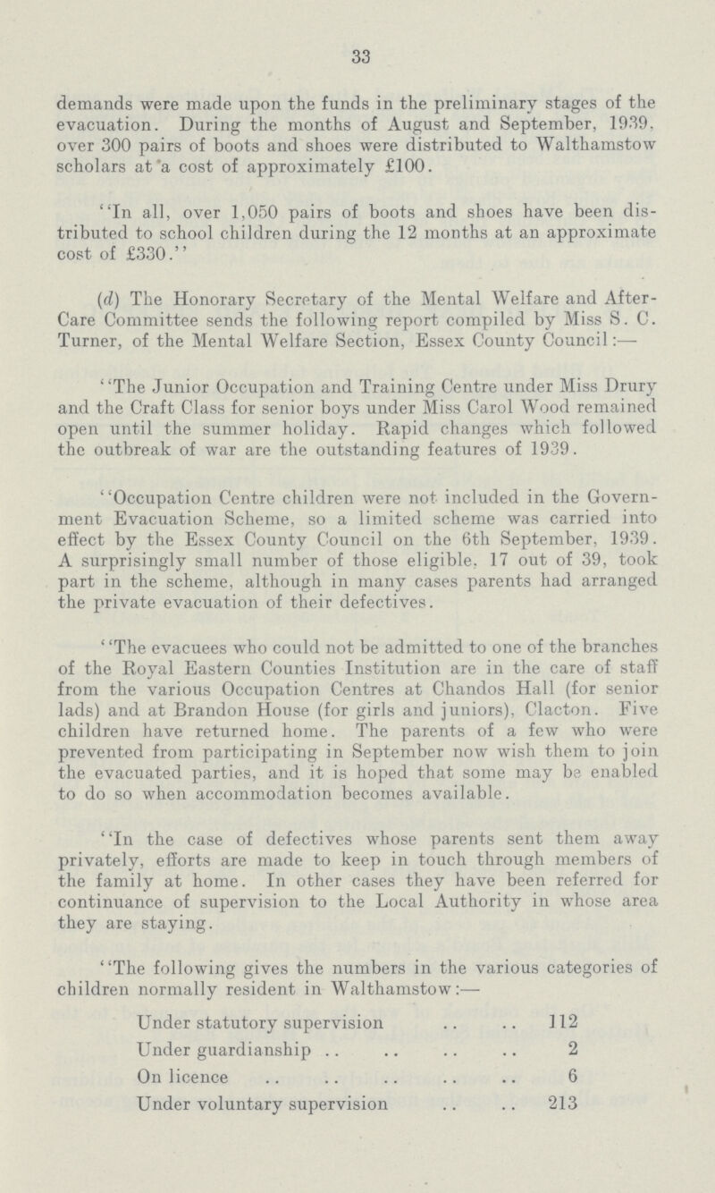 33 demands were made upon the funds in the preliminary stages of the evacuation. During the months of August and September, 1939. over 300 pairs of boots and shoes were distributed to Walthamstow scholars at *a cost of approximately £100. In all, over 1,050 pairs of boots and shoes have been dis tributed to school children during the 12 months at an approximate cost of £330. (d) The Honorary Secretary of the Mental Welfare and After Care Committee sends the following report compiled by Miss S. C. Turner, of the Mental Welfare Section, Essex County Council:— The Junior Occupation and Training Centre under Miss Drury and the Craft Class for senior boys under Miss Carol Wood remained open until the summer holiday. Rapid changes which followed the outbreak of war are the outstanding features of 1939. Occupation Centre children were not included in the Govern ment Evacuation Scheme, so a limited scheme was carried into effect by the Essex County Council on the 6th September, 1939. A surprisingly small number of those eligible. 17 out of 39, took part in the scheme, although in many cases parents had arranged the private evacuation of their defectives. The evacuees who could not be admitted to one of the branches of the Royal Eastern Counties Institution are in the care of staff from the various Occupation Centres at Chandos Hall (for senior lads) and at Brandon House (for girls and juniors), Clacton. Five children have returned home. The parents of a few who were prevented from participating in September now wish them to join the evacuated parties, and it is hoped that some may be enabled to do so when accommodation becomes available. In the case of defectives whose parents sent them away privately, efforts are made to keep in touch through members of the family at home. In other cases they have been referred for continuance of supervision to the Local Authority in whose area they are staying. The following gives the numbers in the various categories of children normally resident in Walthamstow:— Under statutory supervision 112 Under guardianship 2 On licence 6 Under voluntary supervision 213