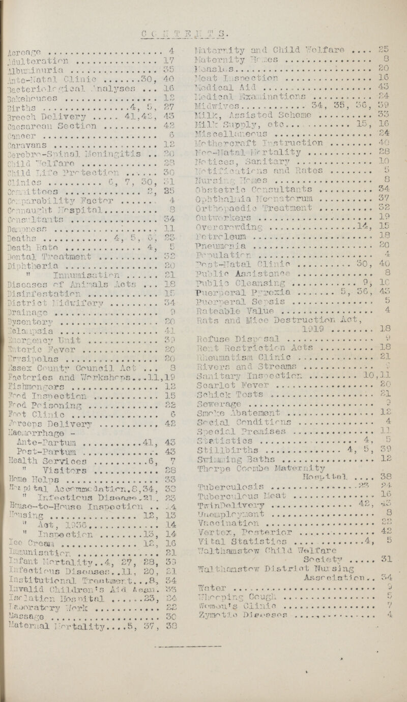 CONTENTS Acreage 4 Adulteration 17 Albuminuria 35 Ante-Natal Clinic 30, 40 Bacteriological Analyses 16 Bakehouses 12 Births 4, 5, 27 Breech Delivery 41,42, 43 Caesarean Section 42 Canoer 6 Caravans 12 Cerebro-Spinal Meningitis 30 Child Welfare 28 Child Life Protection 30 Clinics 6, 7, 30, 31 Committees 2, 35 Comparability Factor 4 Connaught Hospital 8 Consultants 34 Dampness 11 Deaths 4, 5, 6, 23 Death Rate 4, 5 Dental Treatment 32 Diphtheria 20 Innumisation 21 Diseases or Animals Acts 18 Disinfestation 15 District Midwifery 34 Drainage 9 Dysentery 20 Eclampsia 41 Emergency Unit 39 Enteric Fever 20 Erysipelas 20 Essex County Council Act 3 Factories and Workshops 11,19 Fishmongers 12 Food Inspection 15 Food Poisoning 22 Foot Clinic 6 Forceps Delivery 42 Haemorrhage - Ante-Partum 41, 43 Post-Partum 43 Health Services 6, 7 Visitors 28 Home Helps 33 Hospital Accommodation.S,34, 38 Infectious Diseases. 21. 23 House—to-House Inspection 24 Housing 12, 13 Act, 1956 14 Inspection 13, 14 Ice Cream 12, 16 Immunisation 21 Infant Mortality 4, 27, 28, 39 Infectious Diseases 11, 20, 21 Institutional Treatment 8, 34 Invalid Children's Aid Assn. 33 Isolation Hospital 23, 24 Laboratory York 22 Massage 30 Maternal Mortality 5, 37, 38 Maternity and Child Welfare 25 Maternity Homes 8 Measlse 20 Meat Inspection 16 Medical Aid 43 Medical Examinations 24 Midwives 34, 35, 36, 39 Milk, Assisted Scheme 33 Milk Supply, etc. 15, 16 Miscellaneous 24 Mothercraft Instruction 40 For—natal Mortality 28 Notices, Sanitary 10 notifications and Rates 5 Nursing Homes 8 Obstetric Consultants 34 0phthalmia neonatorum 37 Orthopaedic Treatment 32 Outworkers 19 Overcrowding 14, 15 Petroleum 18 Pneumonia 20 Population 4 Post-natal Clinic 30, 40 Public Assistance 8 Public Cleansing 9, 10 Puerperal Pyrexia 5, 36, 43 Puerperal Sepsis 5 Rateable Value 4 Rats and Mice Destruction Act, 1919 18 Refuse Disposal 9 Rent Restriction Acts 18 Rheumatism Clinic 21 Rivers and Streams 9 Sanitary Inspection 10,11 Scarlet Fever 20 Schick Tests 21 Sewerage 2 Smoke Abatement 12 Social Conditions 4 Special Premises 11 Statistics 4, 5 Stillbirths 4, 5, 39 Swimming Baths 12 Thorpe Coombe Maternity Hospital 38 Tuberculosis 24 Tuberculous Meat 16 Twin Delivery 42, 43 Unemployment 8 Vaccination 22 Vertex, Posterior 42 Vital Statistics 4, 5 Walthamstow Child Welfare Society 31 Walthamstow District Nursing Association 34 Water 9 Whooping Cough 5 women's Clinic 7 Zymotic Diseases 4