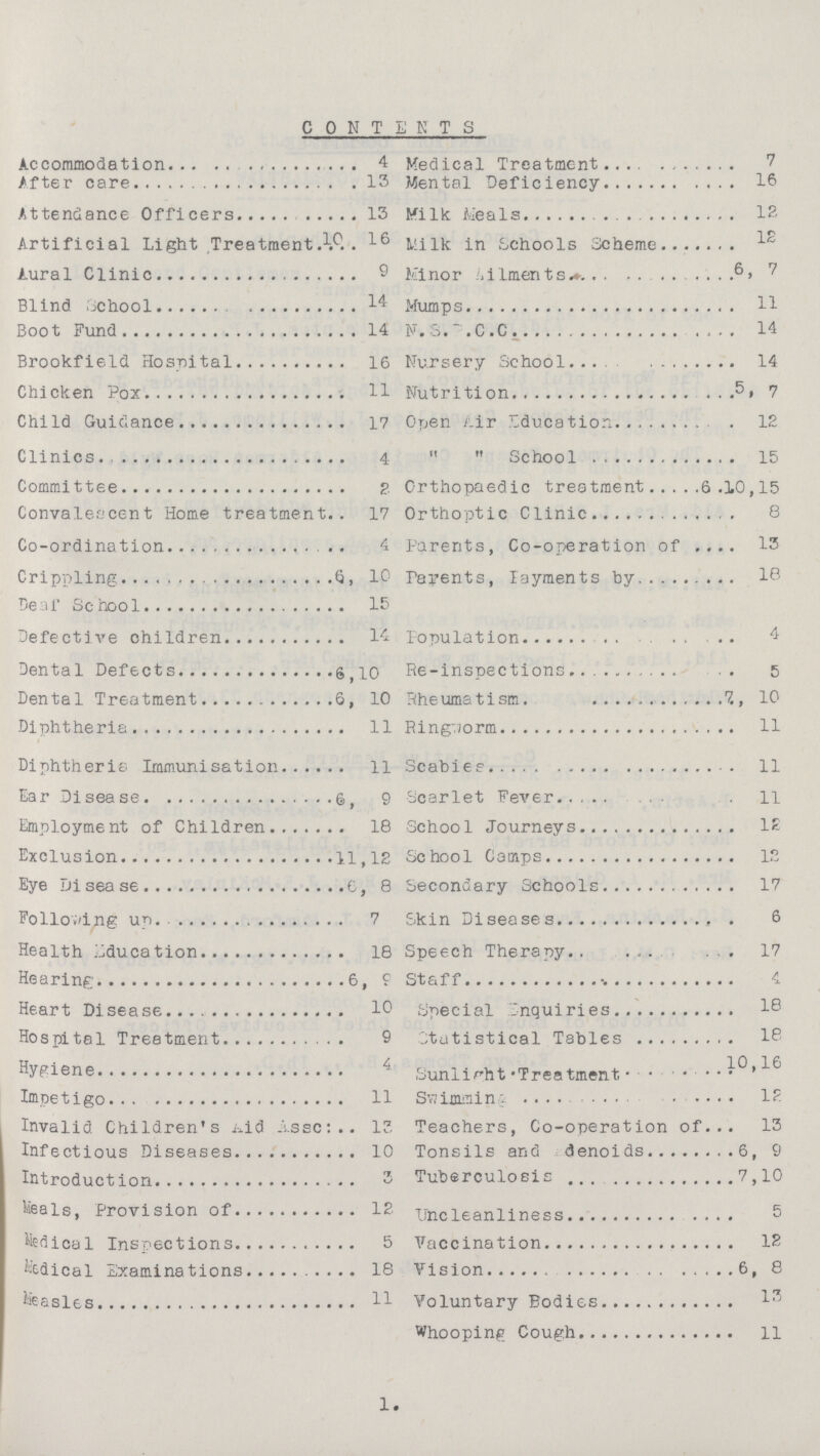 CONTENTS Accommodation 4 After care 13 Attendance Officers 13 Artificial Light Treatment 16 Aural Clinic 9 Blind School 14 Boot Fund 14 Brookfield Hospital 16 Chicken Pox 11 Child Guidance 17 Clinics 4 Committee 2 Convalescent Home treatment 17 Co-ordination 4 Crippling 6, 10 Deaf School 15 Defective children 14 Dental Defects 6,10 Dental Treatment 6, 10 Diphtheria 11 Diphtheria Immunisation 11 Ear Disease.6, 9 Employment of Children 18 Exclusion 11,12 Eye Disease 6, 8 Following up 7 Health Education 18 Hearing 6, 9 Heart Disease 10 Hospital Treatment 9 Hygiene 4 Impetigo 11 Invalid Children's Aid Assc: 13 Infectious Diseases 10 Introduction 3 Meals, Provision of 12 Medical Inspections 5 Medical Examinations 18 Measles 11 Medical Treatment 7 Mental Deficiency 16 Milk Meals 12 Milk in Schools Scheme 12 Minor Ailments. 6, 7 Mumps 11 N.S.???.C.C 14 Nursery School 14 Nutrition 5, 7 Open Air Education 12   School 15 Orthopaedic treatment 6.10,15 Orthoptic Clinic 8 Parents, Co-operation of 13 Parents, Payments by 10 Population 4 Re-inspections 5 Rheumatism.7., 10 Ringworm 11 Scabies 11 Scarlet Fever 11 School Journeys 12 School Camps 12 Secondary Schools 17 Skin Diseases 6 Speech Therapy 17 Staff 4 Special Inquiries 10 Statistical Tables 18 Sunlight' Treatment 10,16 Swimming 12 Teachers, Co-operation of 13 Tonsils and denoids 6, 9 Tuberculosis 7,10 Uncleanliness 5 Vaccination 12 Vision 6, 8 Voluntary Bodies 13 Whooping Cough 11 1.