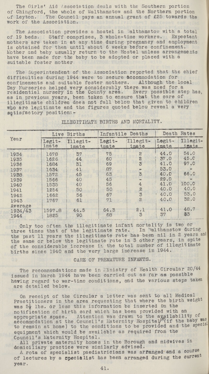 The Girls' Aid Association deals with the Southern portion of Chingford, the whole of Walthamstow and the Northern portion of Leyton. The Council pays an annual grant of £25 towards the work of the Association. The Association provides a hostel in Walthamstow with a total of 19 beds. Staff comprises, 3 whole-time workers. Expectant mothers are taken in at any time during pregnancy and employment is obtained for them until about 6 weeks before confinement. Mother and baby usually return to the Hostel unless arrangements have been made for the baby to be adopted or placed with a suitable foster mother The Superintendent of the Association reported that the chief difficulties during 1944 were to secure accommodation for confinements and suitable foster mothers. Although the local Day Nurseries helped very- considerably there was need for a residential nursery in the County area. Every possible step has, as in previous years, been taken to ensure that the care of illegitimate children does not fall below that given to children who are legitimate and the figures quoted below reveal a very satisfactory position: - ILLEGITIMATE BIRTHS AND MORTALITY. Year Live Births Infantile Deaths Death Rates Legit imate Illegit imate Legit imate Illegit imate Legit imate Illegit imate 1934 1678 37 75 2 44.0 54.0 1935 1626 44 60 2 37 .0 45.C 1936 1684 31 69 3 41.0 97.0 1937 1634 41 87 - 53.0 - 1938 1572 45 63 3 40.0 66.0 1939 1566 40 45 - 29.0 - 1940 1535 40 56 4 41.0 100.0 1941 1254 50 50 2 40.0 40.0 1942 1662 56 67 3 40.0 53.0 1943 1767 61 71 2 40.0 32.0 Average 1934/43 1597.8 44.5 64.3 2.1 41.0 48.7 1944 1825 90 68 3 37 33 Only too often the illegitimate infant mortality is two or three times that of the legitimate rate. In Waltharastow during the past 11 years the illegitimate rate has been nil in 2 years and the same or below the legitimate rate in 3 other years, in spite of the considerable increase in the total number of illegitimate births since 1940 and the very large increase in 1944. CARE OF PREMATURE INFANTS. The recommendations made in Ministry of Health Circular 20/44 issued in March 1944 have been carried out as far as possible having regard to war-time conditions, and the various steps taken are detailed below. On receipt of the Circular a letter was sent to all Medical Practitioners in the area requesting that where the birth weight was 5½ lbs. or less this information be inserted On the notification of birth card which has been provided with an appropriate space. Attention was drawn to the availability of accommodation at the Council's Maternity Hospitayor(if the baby was to remain at home) to the conditions to be provided and the special equipment which would be available as required from the Council's Maternity Hospital. All private maternity homes in the Borough and midwives in domiciliary practice were similarly advised. A rota of specialist paediatricians was arranged and a course of lectures by a opecialist has been arranged during the current year. 41.