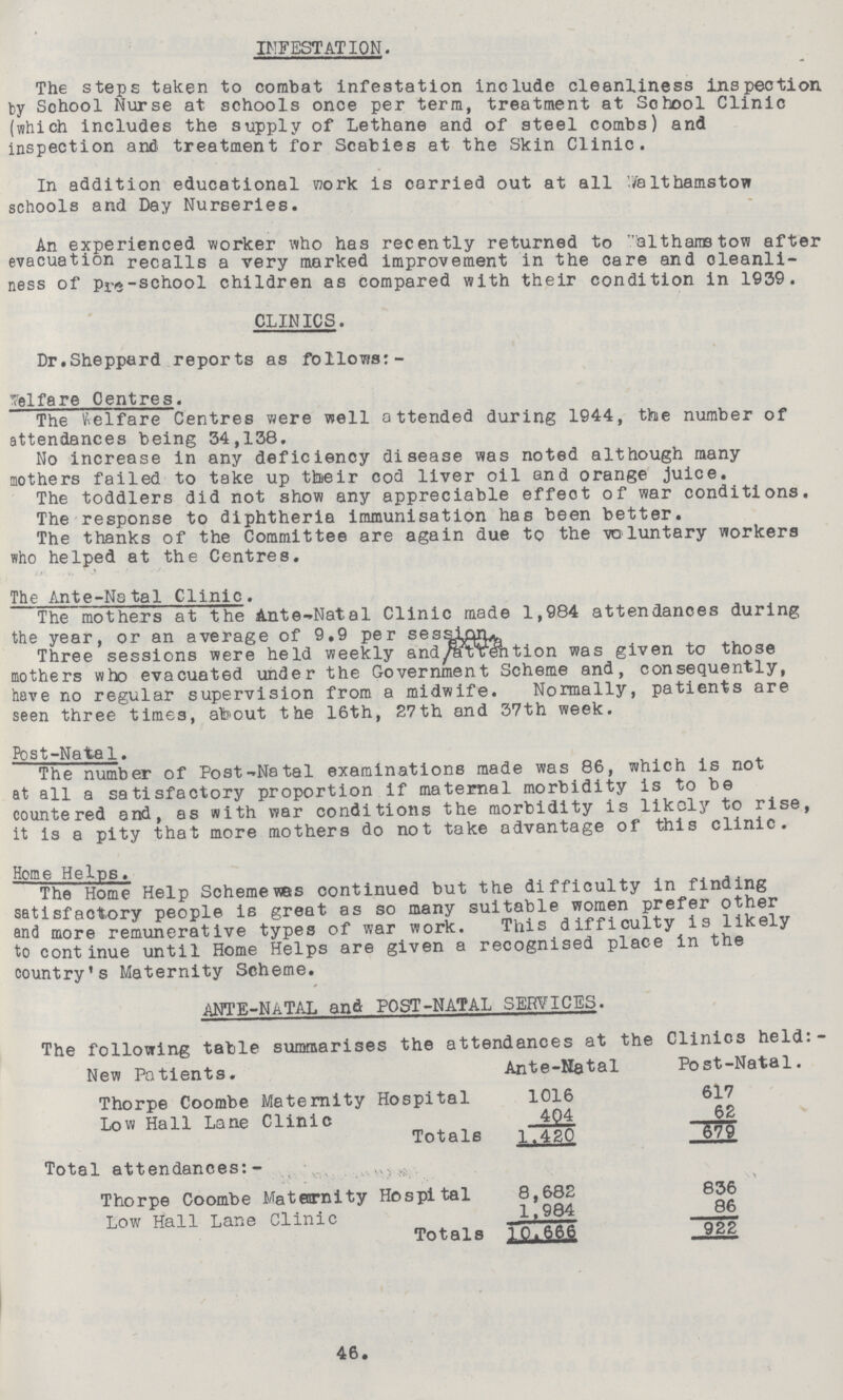 INFESTATION. The steps taken to combat infestation include cleanliness inspection by School Nurse at schools once per term, treatment at School Clinic (which includes the supply of Lethane and of steel combs) and inspection and. treatment for Scabies at the Skin Clinic. In addition educational work is carried out at all 7althamstow schools and Day Nurseries. An experienced worker who has recently returned to Walthamstow after evacuation recalls a very marked improvement in the care and cleanli ness of Pre-school children as compared with their condition in 1939. CLINICS. Dr.Sheppard reports as follows: Welfare Centres. The Welfare Centres were well attended during 1944, the number of attendances being 34,138. No increase in any deficiency disease was noted although many mothers failed to take up their cod liver oil and orange juice. The toddlers did not show any appreciable effect of war conditions. The response to diphtheria immunisation has been better. The thanks of the Committee are again due to the voluntary workers who helped at the Centres. The Ante-Natal Clinic. The mothers at the Ante-Natal Clinic made 1,984 attendances during the year, or an average of 9.9 per session Three sessions were held weekly and extra attention was given to those mothers who evacuated under the Government Scheme and, consequently, have no regular supervision from a midwife. Normally, patients are seen three times, about the 16th, 27th and 37th week. Post-Natal. The number of Post-Natal examinations made was 86, which is not at all a satisfactory proportion if maternal morbidity is to be countered and, as with war conditions the morbidity is likely to rise, it is a pity that more mothers do not take advantage of this clinic. Home Helps. The Home Help Scheme was continued but the difficulty in finding satisfactory people is great as so many suitable women prefer other and more remunerative types of war work. This difficulty is likely to continue until Home Helps are given a recognised place in the country's Maternity Scheme. ANTE-NATAL and POST-NATAL SERVICES. The following table summarises the attendances at the Clinics held:- New Patients. Ante-Natal Post-Natal. Thorpe Coombe Maternity Hospital 1016 617 Low Hall Lane Clinic 404 62 Totals 1,420 679 Total attendances:- Thorpe Coombe Maternity Hospital 8,682 836 Low Hall Lane Clinic 1,984 86 Totals 10.666 922 46.
