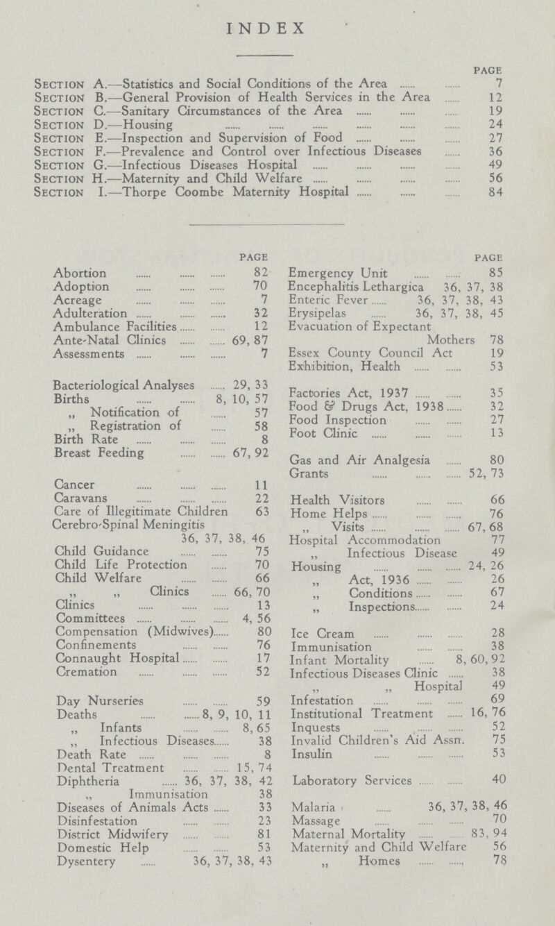 INDEX page Section A.—Statistics and Social Conditions of the Area 7 Section B.—General Provision of Health Services in the Area 12 Section C.—Sanitary Circumstances of the Area 19 Section D.—Housing 24 Section E.—Inspection and Supervision of Food 27 Section F.—Prevalence and Control over Infectious Diseases 36 Section G.—Infectious Diseases Hospital 49 Section H.—Maternity and Child Welfare 56 Section I.—Thorpe Coombe Maternity Hospital 84 page Abortion 82 Adoption 70 Acreage 7 Adulteration 32 Ambulance Facilities 12 Ante-Natal Clinics 69, 87 Assessments 7 Bacteriological Analyses 29,33 Births 8, 10, 57 „ Notification of 57 „ Registration of 58 Birth Rate 8 Breast Feeding 67, 92 Cancer 11 Caravans 22 Care of Illegitimate Children 63 Cerebro-Spinal Meningitis 36, 37, 38, 46 Child Guidance 75 Child Life Protection 70 Child Welfare 66 „ „ Clinics 66, 70 Clinics 13 Committees 4, 56 Compensation (Midwives) 80 Confinements 76 Connaught Hospital 17 Cremation 52 Day Nurseries 59 Deaths 8, 9, 10, 11 „ Infants 8, 65 ,, Infectious Diseases 38 Death Rate 8 Dental Treatment 15,74 Diphtheria 36, 37, 38, 42 „ Immunisation 38 Diseases of Animals Acts 33 Disinfestation 23 District Midwifery 81 Domestic Help 53 Dysentery 36, 37, 38, 43 page Emergency Unit 85 Encephalitis Lethargica 36, 37, 38 Enteric Fever 36, 37, 38, 43 Erysipelas 36, 37, 38, 45 Evacuation of Expectant Mothers 78 Essex County Council Act 19 Exhibition, Health 53 Factories Act, 1937 35 Food 6? Drugs Act, 1938 32 Food Inspection 27 Foot Clinic 13 Gas and Air Analgesia 80 Grants 52, 73 Health Visitors 66 Home Helps 76 „ Visits 67, 68 Hospital Accommodation 77 „ Infectious Disease 49 Housing 24, 26 Act, 1936 26 „ Conditions 67 „ Inspections 24 Ice Cream 28 Immunisation 38 Infant Mortality 8,60,92 Infectious Diseases Clinic 38 „ „ Hospital 49 Infestation 69 Institutional Treatment 16, 76 Inquests 52 Invalid Children's Aid Assn. 75 Insulin 53 Laboratory Services 40 Malaria 36, 37, 38, 46 Massage 70 Maternal Mortality 83, 94 Maternity and Child Welfare 56 „ Homes 78