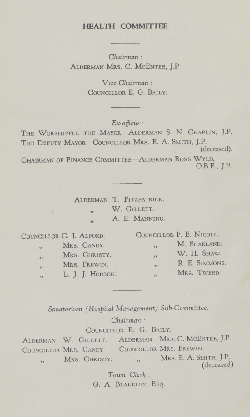HEALTH COMMITTEE Chairman: Alderman Mrs. C. McEntee, J.P Vice-chairman: Councillor E. G. Baily. Ex'officio: The Worshipful the Mayor—Alderman S. N. Chaplin, J.P. The Deputy Mayor—Councillor Mrs. E. A. Smith, J.P. (deceased). Chairman of Finance Committee—Alderman Ross Wyld, O.B.E., J.P. Alderman T. Fitzpatrick. „ W. Gillett. „ A. E. Manning. Councillor C. J. Alford. „ Mrs. Candy. Mrs. Christy. „ Mrs. Frewin. L. J. J. Hodson. Councillor F. E. Nicoll. „ M. Sharland. „ W. H. Shaw. „ R. E. Simmons. Mrs. Tweed. Sanatorium (Hospital Management) Sub-Committee. Chairman: Councillor E. G. Baily. Alderman W. Gillett. Councillor Mrs. Candy. „ Mrs. Christy. Alderman Mrs. C. McEntee, J.P Councillor Mrs. Frewin. ,, Mrs. E. A. Smith, J.P. (deceased) Town Cler: G. A. Blakeley, Esq.