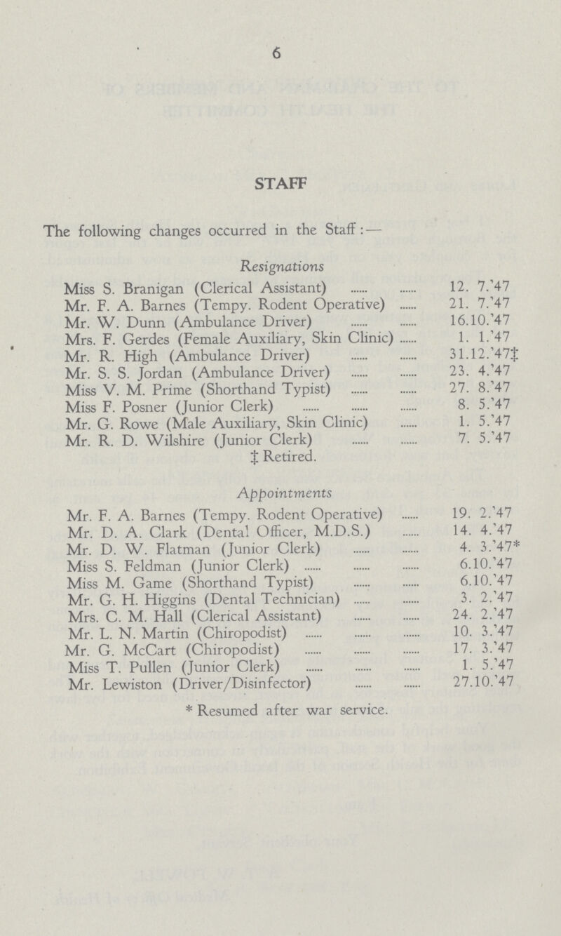 6 STAFF The following changes occurred in the Staff:— Resignations Miss S. Branigan (Clerical Assistant) 12. 7.'47 Mr. F. A. Barnes (Tempy. Rodent Operative) 21. 7.'47 Mr. W. Dunn (Ambulance Driver) 16.10.'47 Mrs. F. Gerdes (Female Auxiliary, Skin Clinic) 1. 1.'47 Mr. R. High (Ambulance Driver) 31.12.'47‡ Mr. S. S. Jordan (Ambulance Driver) 23. 4.'47 Miss V. M. Prime (Shorthand Typist) 27. 8.'47 Miss F. Posner (Junior Clerk) 8. 5.'47 Mr. G. Rowe (Male Auxiliary, Skin Clinic) 1. 5.'47 Mr. R. D. Wilshire (Junior Clerk) 7. 5.'47 ‡Retired. Appointments Mr. F. A. Barnes (Tempy. Rodent Operative) 19. 2.'47 Mr. D. A. Clark (Dental Officer, M.D.S.) 14. 4.'47 Mr. D. W. Flatman (Junior Clerk) 4. 3.'47* Miss S. Feldman (Junior Clerk) 6.10.'47 Miss M. Game (Shorthand Typist) 6.10.'47 Mr. G. H. Higgins (Dental Technician) 3. 2.'47 Mrs. C. M. Hall (Clerical Assistant) 24. 2.'47 Mr. L. N. Martin (Chiropodist) 10. 3.'47 Mr. G. McCart (Chiropodist) 17. 3.'47 Miss T. Pullen (Junior Clerk) 1. 5.'47 Mr. Lewiston (Driver/Disinfector) 27.10.'47 * Resumed after war service.