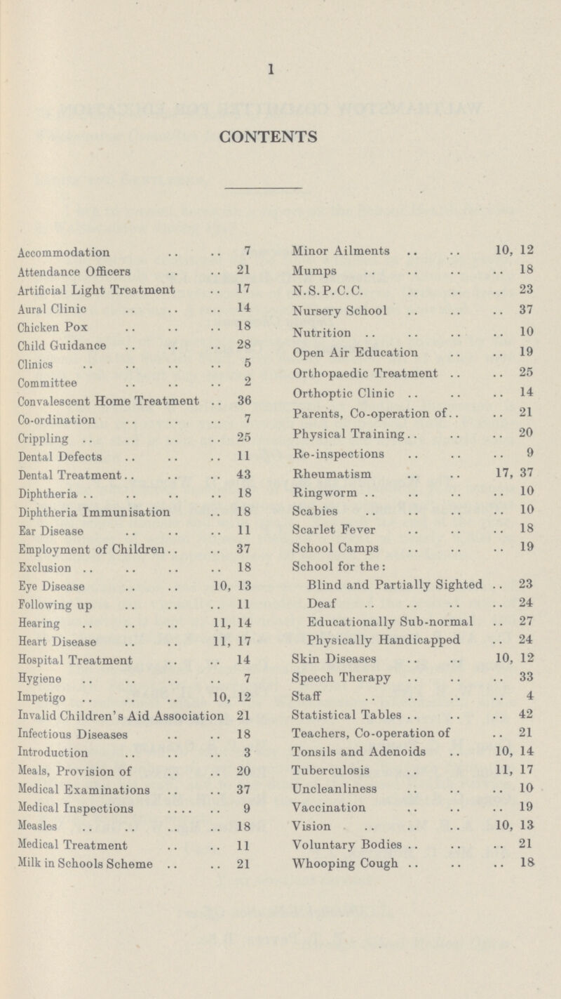 1 CONTENTS Accommodation 7 Attendance Officers 21 Artificial Light Treatment 17 Aural Clinic 14 Chicken Pox 18 Child Guidance 28 Clinics 5 Committee 2 Convalescent Home Treatment 36 Co-ordination 7 Crippling 25 Dental Defects 11 Dental Treatment. 43 Diphtheria 18 Diphtheria Immunisation 18 Ear Disease 11 Employment of Children 37 Exclusion 18 Eye Disease 10, 13 Following up 11 Hearing 11, 14 Heart Disease 11,17 Hospital Treatment 14 Hygiene 7 Impetigo 10, 12 Invalid Children's Aid Association 21 Infectious Diseases 18 Introduction 3 Meals, Provision of 20 Medical Examinations 37 Medical Inspections 9 Measles 18 Medical Treatment 11 Milk in Schools Scheme 21 Minor Ailments 10, 12 Mumps 18 N.S.P.C.C. 23 Nursery School 37 Nutrition 10 Open Air Education 19 Orthopaedic Treatment 25 Orthoptic Clinic 14 Parents, Co-operation of 21 Physical Training 20 Re-inspections 9 Rheumatism 17, 37 Ringworm 10 Scabies 10 Scarlet Fever 18 School Camps 19 School for the: Blind and Partially Sighted 23 Deaf 24 Educationally Sub-normal 27 Physically Handicapped 24 Skin Diseases 10, 12 Speech Therapy 33 Staff 4 Statistical Tables 42 Teachers, Co-operation of 21 Tonsils and Adenoids 10, 14 Tuberculosis 11, 17 Uncleanliness 10 Vaccination 19 Vision 10, 13 Voluntary Bodies 21 Whooping Cough 18