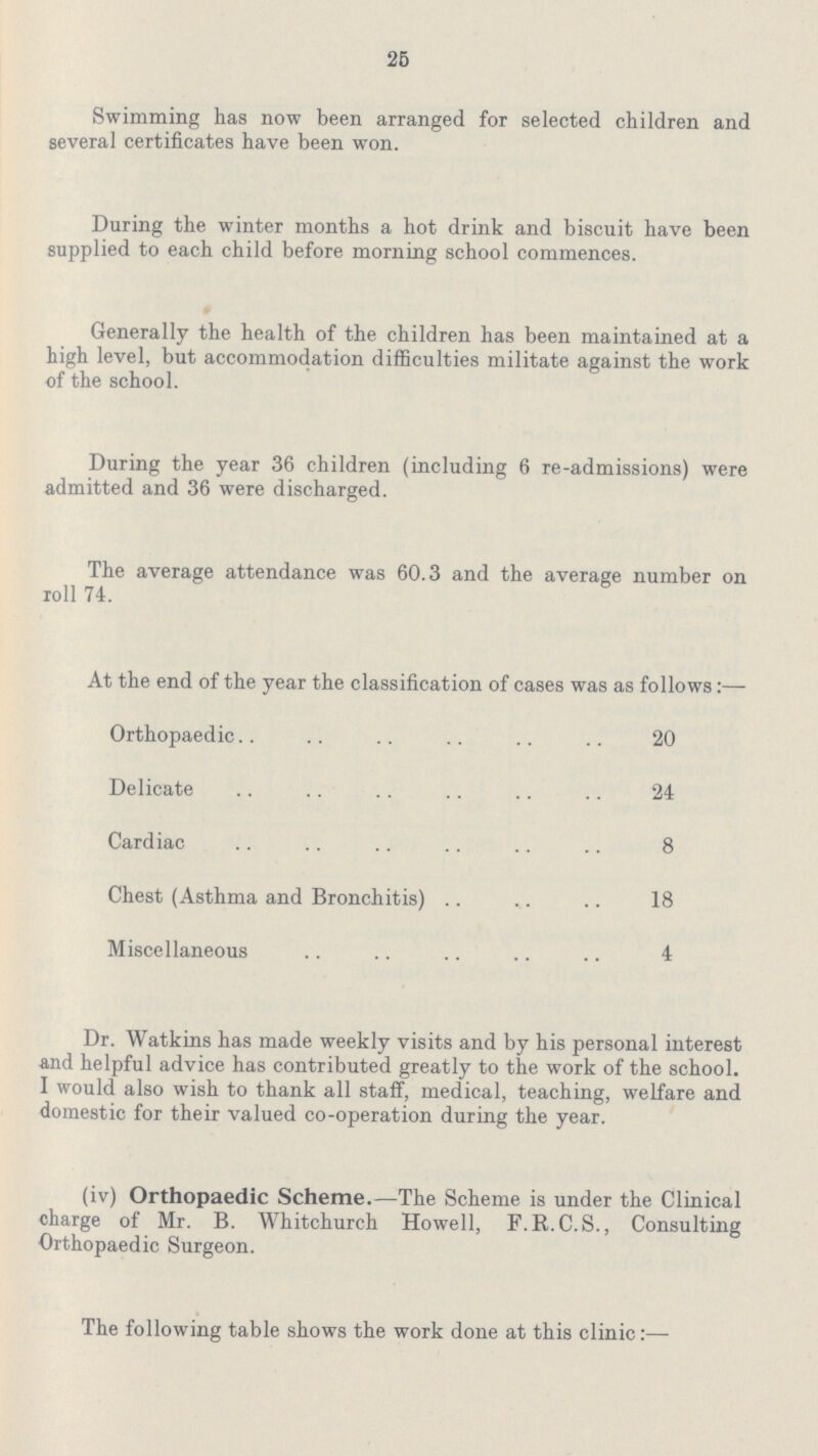 25 Swimming has now been arranged for selected children and several certificates have been won. During the winter months a hot drink and biscuit have been supplied to each child before morning school commences. Generally the health of the children has been maintained at a high level, but accommodation difficulties militate against the work of the school. During the year 36 children (including 6 re-admissions) were admitted and 36 were discharged. The average attendance was 60.3 and the average number on roll 74. At the end of the year the classification of cases was as follows:— Orthopaedic 20 Delicate 24 Cardiac 8 Chest (Asthma and Bronchitis) 18 Miscellaneous 4 Dr. Watkins has made weekly visits and by his personal interest and helpful advice has contributed greatly to the work of the school. I would also wish to thank all staff, medical, teaching, welfare and domestic for their valued co-operation during the year. (iv) Orthopaedic Scheme.—The Scheme is under the Clinical charge of Mr. B. Whitchurch Howell, F.R.C.S., Consulting Orthopaedic Surgeon. The following table shows the work done at this clinic:—