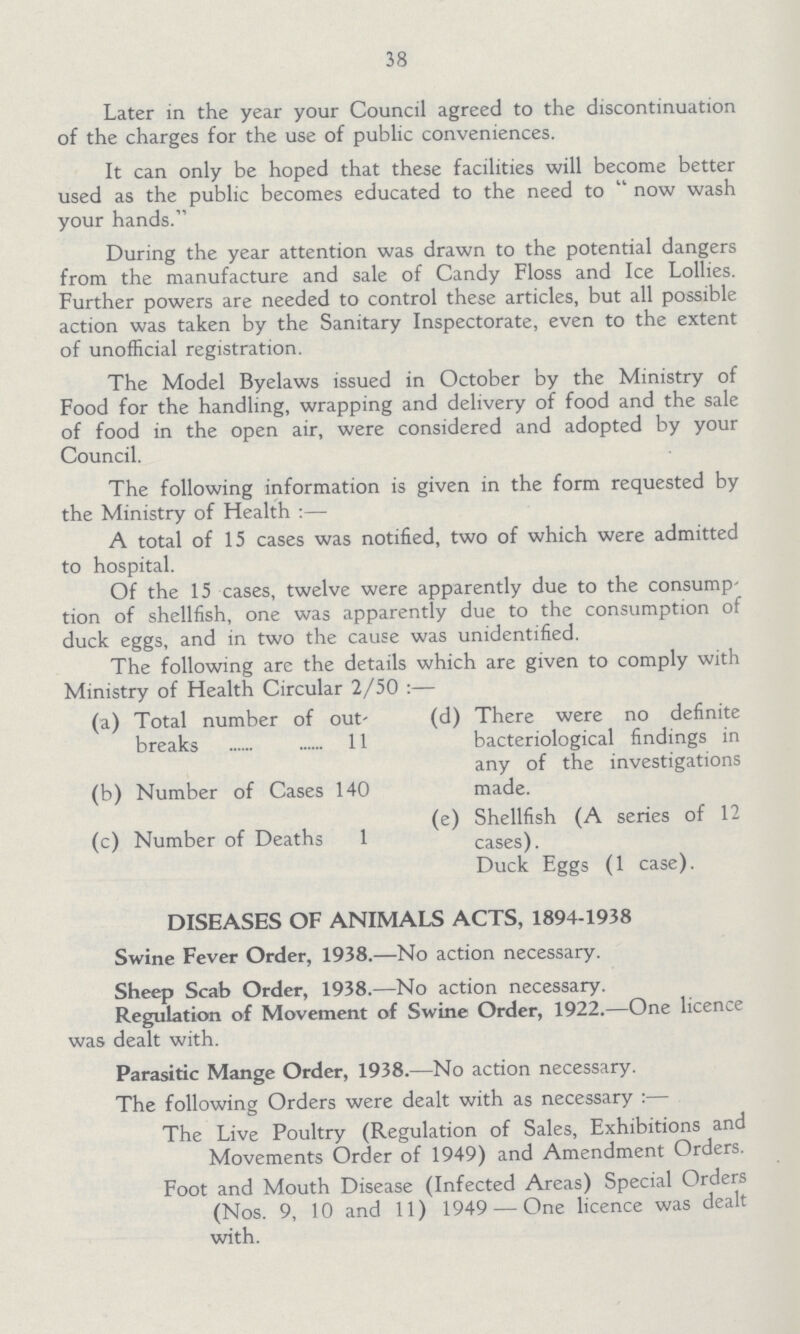 38 Later in the year your Council agreed to the discontinuation of the charges for the use of public conveniences. It can only be hoped that these facilities will become better used as the public becomes educated to the need to now wash your hands. During the year attention was drawn to the potential dangers from the manufacture and sale of Candy Floss and Ice Lollies. Further powers are needed to control these articles, but all possible action was taken by the Sanitary Inspectorate, even to the extent of unofficial registration. The Model Byelaws issued in October by the Ministry of Food for the handling, wrapping and delivery of food and the sale of food in the open air, were considered and adopted by your Council. The following information is given in the form requested by the Ministry of Health :— A total of 15 cases was notified, two of which were admitted to hospital. Of the 15 cases, twelve were apparently due to the consump tion of shellfish, one was apparently due to the consumption of duck eggs, and in two the cause was unidentified. The following are the details which are given to comply with Ministry of Health Circular 2/50 :— (a) Total number of out- (d) There were no definite breaks 11 bacteriological findings in any of the investigations (b) Number of Cases 140 made. (e) Shellfish (A series of 12 (c) Number of Deaths 1 cases). Duck Eggs (1 case). DISEASES OF ANIMALS ACTS, 1894-1938 Swine Fever Order, 1938.—No action necessary. Sheep Scab Order, 1938.—No action necessary. Regulation of Movement of Swine Order, 1922.—One licence was dealt with. Parasitic Mange Order, 1938.—No action necessary. The following Orders were dealt with as necessary :— The Live Poultry (Regulation of Sales, Exhibitions and Movements Order of 1949) and Amendment Orders. Foot and Mouth Disease (Infected Areas) Special Orders (Nos. 9, 10 and 11) 1949 — One licence was dealt with.