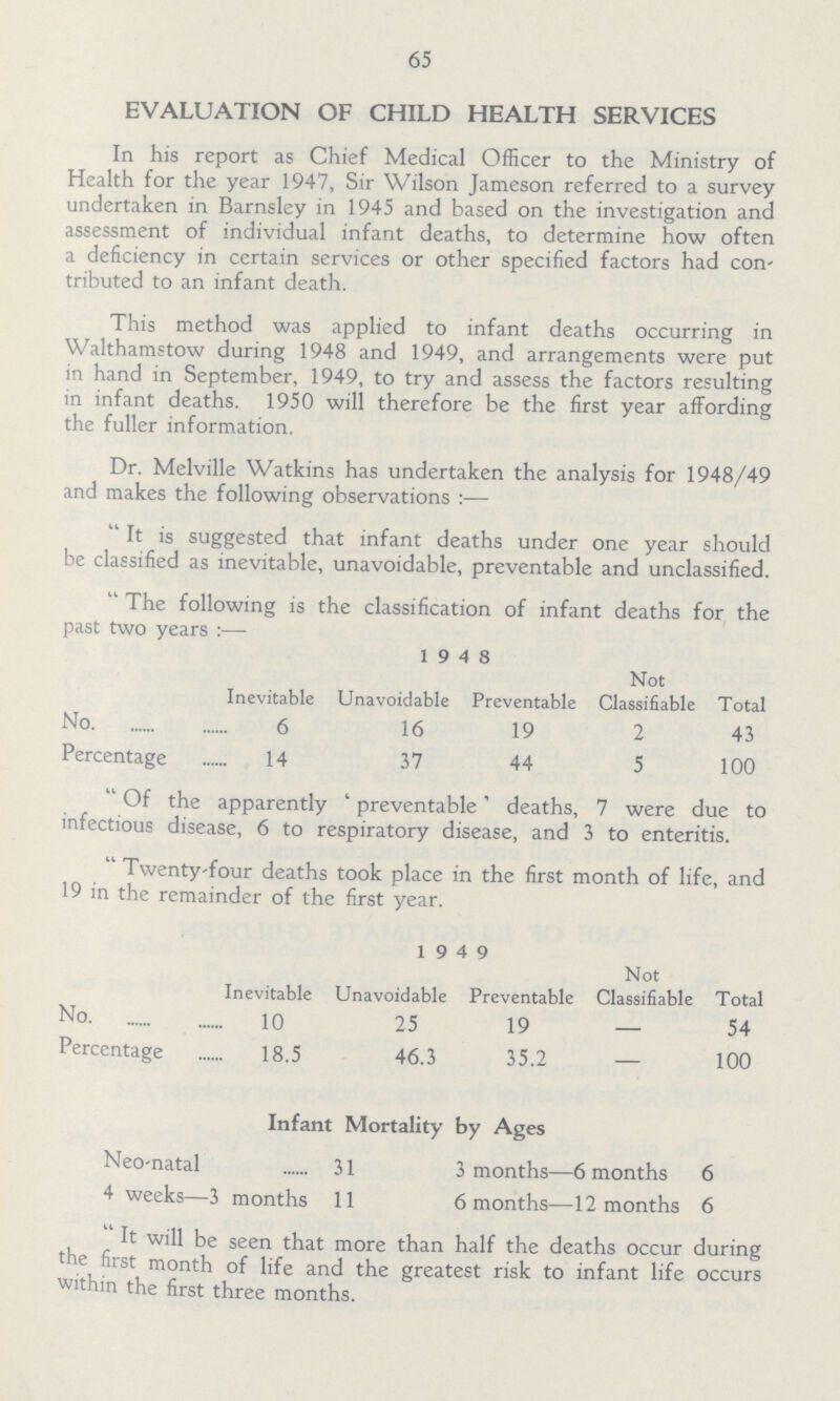 65 EVALUATION OF CHILD HEALTH SERVICES In his report as Chief Medical Officer to the Ministry of Health for the year 1947, Sir Wilson Jameson referred to a survey undertaken in Barnsley in 1945 and based on the investigation and assessment of individual infant deaths, to determine how often a deficiency in certain services or other specified factors had con tributed to an infant death. This method was applied to infant deaths occurring in Walthamstow during 1948 and 1949, and arrangements were put in hand in September, 1949, to try and assess the factors resulting in infant deaths. 1950 will therefore be the first year affording the fuller information. Dr. Melville Watkins has undertaken the analysis for 1948/49 and makes the following observations:— It is suggested that infant deaths under one year should be classified as inevitable, unavoidable, preventable and unclassified.  The following is the classification of infant deaths for the past two years:— 19 4 8 Inevitable Unavoidable Preventable Not Classifiable Total No 6 16 19 2 43 Percentage 14 37 44 5 100 Of the apparently 'preventable' deaths, 7 were due to infectious disease, 6 to respiratory disease, and 3 to enteritis.  Twenty-four deaths took place in the first month of life, and 19 in the remainder of the first year. 19 4 9 Inevitable Unavoidable Preventable Not Classifiable Total No. 10 25 19 — 54 Percentage 18.5 46.3 35.2 — 100 Infant Mortality by Ages Neo-natal 31 3 months—6 months 6 4 weeks—3 months 11 6 months—12 months 6 It will be seen that more than half the deaths occur during the first month of life and the greatest risk to infant life occurs within the first three months.
