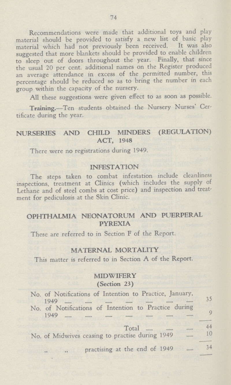 74 Recommendations were made that additional toys and play material should be provided to satisfy a new list of basic play material which had not previously been received. It was also suggested that more blankets should be provided to enable children to sleep out of doors throughout the year. Finally, that since the usual 20 per cent. additional names on the Register produced an average attendance in excess of the permitted number, this percentage should be reduced so as to bring the number in each group within the capacity of the nursery. All these suggestions were given effect to as soon as possible. Training.—Ten students obtained the Nursery Nurses' Cer tificate during the year. NURSERIES AND CHILD MINDERS (REGULATION) ACT, 1948 There were no registrations during 1949. INFESTATION The steps taken to combat infestation include cleanliness inspections, treatment at Clinics (which includes the supply of Lethane and of steel combs at cost price) and inspection and treat ment for pediculosis at the Skin Clinic. OPHTHALMIA NEONATORUM AND PUERPERAL PYREXIA These are referred to in Section F of the Report. MATERNAL MORTALITY This matter is referred to in Section A of the Report. MIDWIFERY (Section 23) No. of Notifications of Intention to Practice, January, 1949 35 No. of Notifications of Intention to Practice during 1949 9 Total 44 No. of Midwives ceasing to practise during 1949 10 ,, „ practising at the end of 1949 34