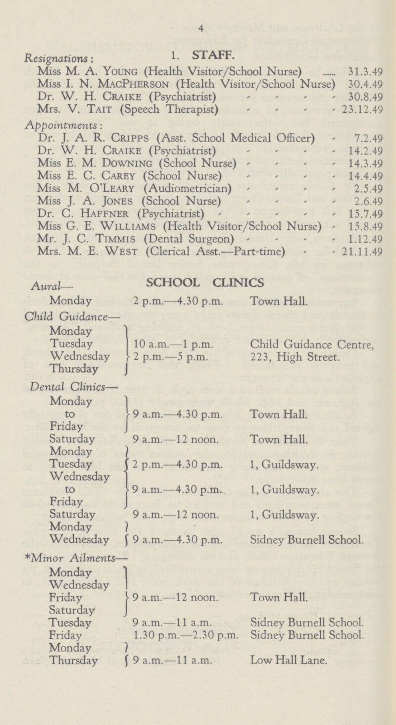4 Resignations: 1- STAFF. Miss M. A. Young (Health Visitor/School Nurse) 31.3.49 Miss I. N. MacPherson (Health Visitor/School Nurse) 30.4.49 Dr. W. H. Craike (Psychiatrist) 30.8.49 Mrs. V. Tait (Speech Therapist) 23.12.49 Appointments: Dr. J. A. R. Cripps (Asst. School Medical Officer) 7.2.49 Dr. W. H. Craike (Psychiatrist) 14.2.49 Miss E. M. Downing (School Nurse) 14.3.49 Miss E. C. Carey (School Nurse) 14.4.49 Miss M. O'Leary (Audiometrician) 2.5.49 Miss J. A. Jones (School Nurse) 2.6.49 Dr. C. Haffner (Psychiatrist)15.7.49 Miss G. E. Williams (Health Visitor/School Nurse) 15.8.49 Mr. J. C. Timmis (Dental Surgeon) 1.12.49 Mrs. M. E. West (Clerical Asst.—Part-time) 21.11.49 Aural— SCHOOL CLINICS Monday 2 p.m.—4.30 p.m. Town Hall. Child Guidance— Monday Tuesday 10 a.m.—1 p.m. Child Guidance Centre, Wednesday 2 p.m.—5 p.m. 223, High Street. Thursday Dental Clinics— Monday to Friday 9 a.m.—4.30 p.m. Town Hall. Saturday 9 a.m.—12 noon. Town Hall. Monday Tuesday [ 2 p.m.—4.30 p.m. 1, Guildsway. Wednesday to Friday 9 a.m.—4.30 p.m. 1, Guildsway. Saturday 9 a.m.—12 noon. 1, Guildsway. Monday Wednesday 9 a.m.—4.30 p.m. Sidney Burnell School. *Minor Ailments— Monday Wednesday Friday 9 a.m.—12 noon. Town Hall. Saturday Tuesday 9 a.m.—11 a.m. Sidney Burnell School. Friday 1.30 p.m.—2.30 p.m. Sidney Burnell School. Monday Thursday 9 a.m.—11 a.m. Low Hall Lane.