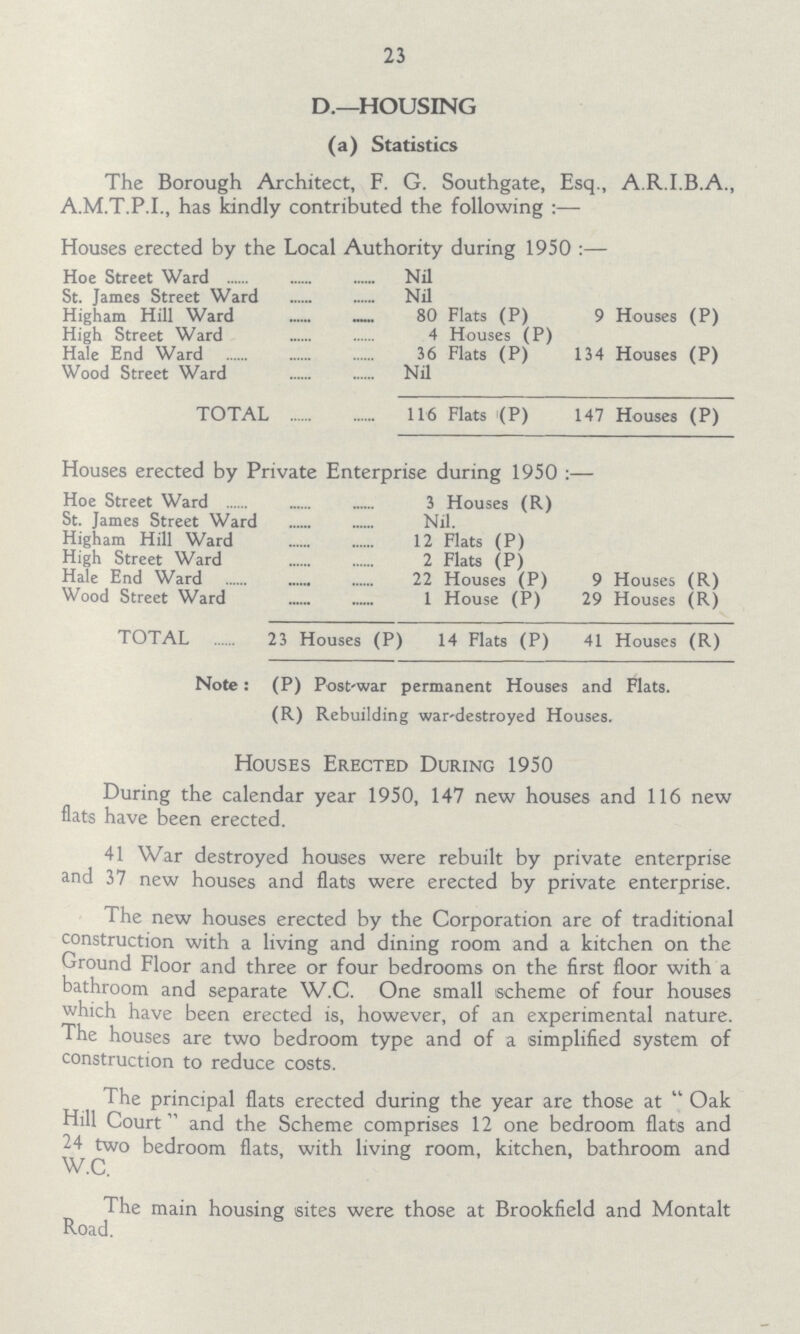 23 D.—HOUSING (a) Statistics The Borough Architect, F. G. Southgate, Esq., A.R.I.B.A., A.M.T.P.I., has kindly contributed the following:— Houses erected by the Local Authority during 1950:— Hoe Street Ward Nil St. James Street Ward Nil Higham Hill Ward 80 Flats (P) 9 Houses (P) High Street Ward 4 Houses (P) Hale End Ward 36 Flats (P) 134 Houses (P) Wood Street Ward Nil TOTAL 116 Flats (P) 147 Houses (P) Houses erected by Private Enterprise during 1950:— Hoe Street Ward 3 Houses (R) St. James Street Ward Nil. Higham Hill Ward 12 Flats (P) High Street Ward 2 Flats (P) Hale End Ward Wood Street Ward 1 House (P) 29 Houses (R) TOTAL 23 Houses (P) 14 Flats (P) 41 Houses (R) Note: (P) Post-war permanent Houses and Flats. (R) Rebuilding war-destroyed Houses. Houses Erected During 1950 During the calendar year 1950, 147 new houses and 116 new flats have been erected. 41 War destroyed houses were rebuilt by private enterprise and 37 new houses and flats were erected by private enterprise. The new houses erected by the Corporation are of traditional construction with a living and dining room and a kitchen on the Ground Floor and three or four bedrooms on the first floor with a bathroom and separate W.C. One small scheme of four houses which have been erected is, however, of an experimental nature. The houses are two bedroom type and of a simplified system of construction to reduce costs. The principal flats erected during the year are those at Oak Hill Court and the Scheme comprises 12 one bedroom flats and 24 two bedroom flats, with living room, kitchen, bathroom and W.C. The main housing sites were those at Brookfield and Montalt Road.