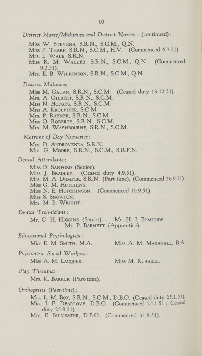 10 District J^urse/Midwives and District Nurses—(continued): Miss W. Stevens, S.R.N., S.C.M., Q.N. Miss P. Tharp, S.R.N., S.C.M., H.V. (Commenced 6.7.51). Mrs. L. Wale, S.R.N. Miss R. M. Walker, S.R.N., S.C.M., Q.N. (Commenced 9.2.51). Mrs. E. B. Wilkinson, S.R.N., S.C.M., Q.N. District Midwives: Miss M. Gahan, S.R.N., S.C.M. (Ceased duty 13.12.51). Mrs. A. Gilbert, S.R.N., S.C.M. Miss N. Hodges, S.R.N., S.C.M. Miss A. Krolfifer, S.C.M. Mrs. P. Rayner, S.R.N., S.C.M. Miss O. Roberts, S.R.N., S.C.M. Mrs. M. Washbourne, S.R.N., S.C.M. Matrons of Day Nurseries: Mrs. D. Androvenda, S.R.N. Mrs. G. Moore, S.R.N., S.C.M., S.R.F.N. Dental Attendants: Miss D. Sanford (Senior). Miss J. Bradley. (Ceased duty 4.9.51). Mrs. M. A. Dumper, S.R.N. (Part-time). (Commenced 26.9.51). Miss G. M. Hutchins. Miss N. E. Hutchinson. (Commenced 10.9.51). Miss S. Snowdon. Mrs. M. E. Wright. Dental Technicians: Mr. G. H. Higgins (Senior). Mr. H. J. Edmunds. Mr. P. Barnett (Apprentice). Educational Psychologists: Miss E. M. Smith, M.A. Miss A. M. Marshall, B A. Psychiatric Social Workers: Miss A. M. Lacquer. Miss M. Russell. Play Therapist: Mrs. K. Barker (Part-time). Orthoptists (Part-time): Miss L. M. Box, S.R.N., S.C.M., D.B.O. (Ceased duty 25.1.51). Miss J. F. Dearlove, D.B.O. (Commenced 25.1.51 ; Ceased duty 25.9.51). Mrs. E. Silvester, D.B.O. (Commenced 31.8.51).