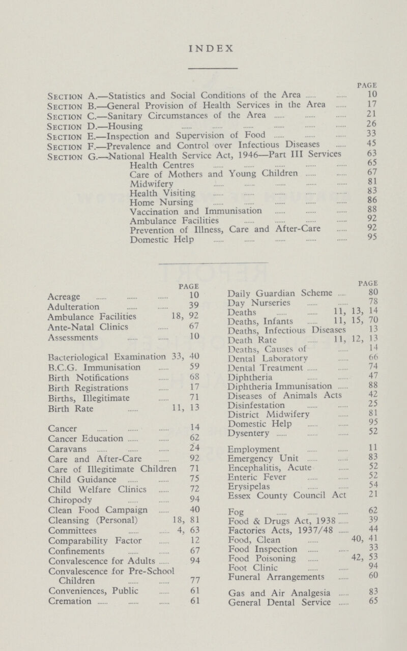 INDEX page Section A.—Statistics and Social Conditions of the Area 10 Section B.—General Provision of Health Services in the Area 17 Section C.—Sanitary Circumstances of the Area 21 Section D.—Housing 26 Section E.—Inspection and Supervision of Food 33 Section F.—Prevalence and Control over Infectious Diseases 45 Section G.—National Health Service Act, 1946—Part III Services 63 Health Centres 65 Care of Mothers and Young Children 67 Midwifery 81 Health Visiting 83 Home Nursing 86 Vaccination and Immunisation 88 Ambulance Facilities 92 Prevention of Illness, Care and After-Care 92 Domestic Help 95 page Acreage 10 Adulteration 39 Ambulance Facilities 18, 92 Ante-Natal Clinics 67 Assessments 10 Bacteriological Examination 33, 40 B.C.G. Immunisation 59 Birth Notifications 68 Birth Registrations 17 Births, Illegitimate 71 Birth Rate 11, 13 Cancer 14 Cancer Education 62 Caravans 24 Care and After-Care 92 Care of Illegitimate Children 71 Child Guidance 75 Child Welfare Clinics 72 Chiropody 94 Clean Food Campaign 40 Cleansing (Personal) 18, 81 Committees 4, 63 Comparability Factor 12 Confinements 67 Convalescence for Adults 94 Convalescence for Pre-School Children 77 Conveniences, Public 61 Cremation 61 page Daily Guardian Scheme 80 Day Nurseries 78 Deaths 11, 13, 14 Deaths, Infants 11, 15, 70 Deaths, Infectious Diseases 13 Death Rate 11, 12, 13 Deaths, Causes of 14 Dental Laboratory 66 Dental Treatment 74 Diphtheria 47 Diphtheria Immunisation 88 Diseases of Animals Acts 42 Disinfestation 25 District Midwifery 81 Domestic Help 95 Dysentery 52 Employment 11 Emergency Unit 83 Encephalitis, Acute 52 Enteric Fever 52 Erysipelas 54 Essex County Council Act 21 Fog 62 Food & Drugs Act, 1938 39 Factories Acts, 1937/48 44 Food, Clean 40, 41 Food Inspection 33 Food Poisoning 42, 53 Foot Clinic 94 Funeral Arrangements 60 Gas and Air Analgesia 83 General Dental Service 65