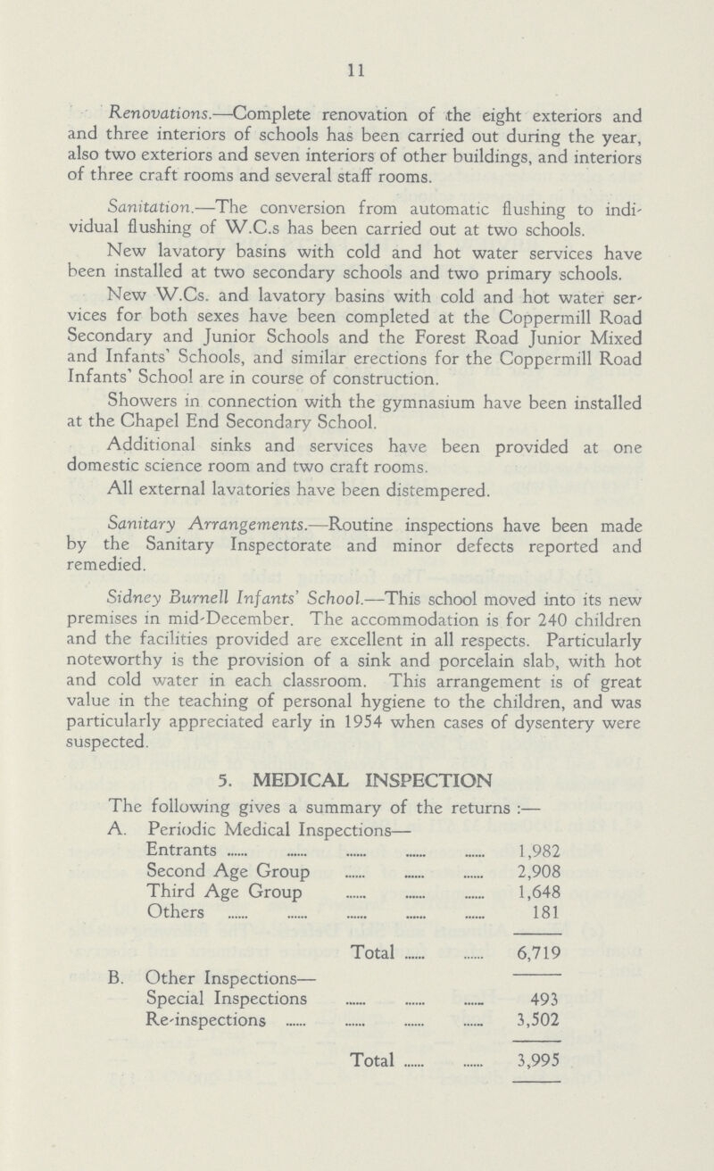 11 Renovations.—Complete renovation of the eight exteriors and and three interiors of schools has been carried out during the year, also two exteriors and seven interiors of other buildings, and interiors of three craft rooms and several staff rooms. Sanitation.—The conversion from automatic flushing to indi vidual flushing of W.C.s has been carried out at two schools. New lavatory basins with cold and hot water services have been installed at two secondary schools and two primary schools. New W.Cs. and lavatory basins with cold and hot water ser vices for both sexes have been completed at the Coppermill Road Secondary and Junior Schools and the Forest Road Junior Mixed and Infants Schools, and similar erections for the Coppermill Road Infants School are in course of construction. Showers in connection with the gymnasium have been installed at the Chapel End Secondary School. Additional sinks and services have been provided at one domestic science room and two craft rooms. All external lavatories have been distempered. Sanitary Arrangements.—Routine inspections have been made by the Sanitary Inspectorate and minor defects reported and remedied. Sidney Burnell Infants' School.—'This school moved into its new premises in mid-December. The accommodation is for 240 children and the facilities provided are excellent in all respects. Particularly noteworthy is the provision of a sink and porcelain slab, with hot and cold water in each classroom. This arrangement is of great value in the teaching of personal hygiene to the children, and was particularly appreciated early in 1954 when cases of dysentery were suspected. 5. MEDICAL INSPECTION The following gives a summary of the returns:— A. Periodic Medical Inspections— Entrants 1,982 Second Age Group 2,908 Third Age Group 1,648 Others 181 Total 6,719 B. Other Inspections— Special Inspections 493 Re-inspections 3,502 Total 3,995