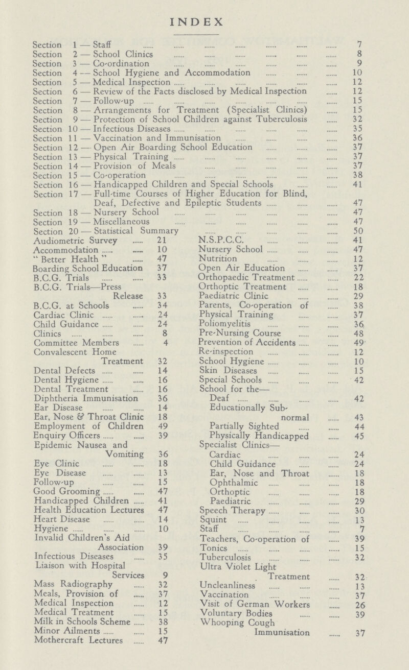 INDEX Section 1 — Staff 7 Section 2 — School Clinics 8 Section 3 — Co-ordination 9 Section 4 — School Hygiene and Accommodation 10 Section 5 — Medical Inspection 12 Section 6 — Review of the Facts disclosed by Medical Inspection 12 Section 7 — Follow-up 15 Section 8 — Arrangements for Treatment (Specialist Clinics) 15 Section 9 — Protection of School Children against Tuberculosis 32 Section 10 — Infectious Diseases 35 Section 11 — Vaccination and Immunisation 36 Section 12 — Open Air Boarding School Education 37 Section 13 — Physical Training 37 Section 14 — Provision of Meals 37 Section 15 — Co-operation 38 Section 16 — Handicapped Children and Special Schools 41 Section 17 — Full-time Courses of Higher Education for Blind, Deaf, Defective and Epileptic Students 47 Section 18 — Nursery School 47 Section 19 — Miscellaneous 47 Section 20 — Statistical Summary 50 Audiometric Survey 21 N.S.P.C.C. 41 Accommodation 10 Nursery School 47 Better Health 47 Nutrition 12 Boarding School Education 37 Open Air Education 37 B.C.G. Trials 33 Orthopaedic Treatment 22 B.C.G. Trials—Press Orthoptic Treatment 18 Release 33 Paediatric Clinic 29 B.C.G. at Schools 34 Parents, Co-operation of 38 Cardiac Clinic 24 Physical Training 37 Child Guidance 24 Poliomyelitis 36, Clinics 8 Pre-Nursing Course 48 Committee Members 4 Prevention of Accidents 49 Convalescent Home Re-inspection 12 Treatment 32 School Hygiene 10 Dental Defects 14 Skin Diseases 15 Dental Hygiene 16 Special Schools 42 Dental Treatment 16 School for the— Diphtheria Immunisation 36 Deaf 42 Ear Disease 14 Educationally Sub- Ear, Nose & Throat Clinic 18 normal 43 Employment of Children 49 Partially Sighted 44 Enquiry Officers 39 Physically Handicapped 45 Epidemic Nausea and Specialist Clinics— Vomiting 36 Cardiac 24 Eye Clinic 18 Child Guidance 24 Eye Disease 13 Ear, Nose and Throat 18 Follow-up 15 Ophthalmic 18 Good Grooming 47 Orthoptic 18 Handicapped Children 41 Paediatric 29 Health Education Lectures 47 Speech Therapy 30 Heart Disease 14 Squint 13 Hygiene 10 Staff 7 Invalid Children's Aid Teachers, Co-operation of 39 Association 39 Tonics 15 Infectious Diseases 35 Tuberculosis 32 Liaison with Hospital Ultra Violet Light Services 9 Treatment 32 Mass Radiography 32 Uncleanliness 13 Meals, Provision of 37 Vaccination 37 Medical Inspection 12 Visit of German Workers 26 Medical Treatment 15 Voluntary Bodies 39 Milk in Schools Scheme 38 Whooping Cough Minor Ailments 15 Immunisation 37 Mothercraft Lectures 47
