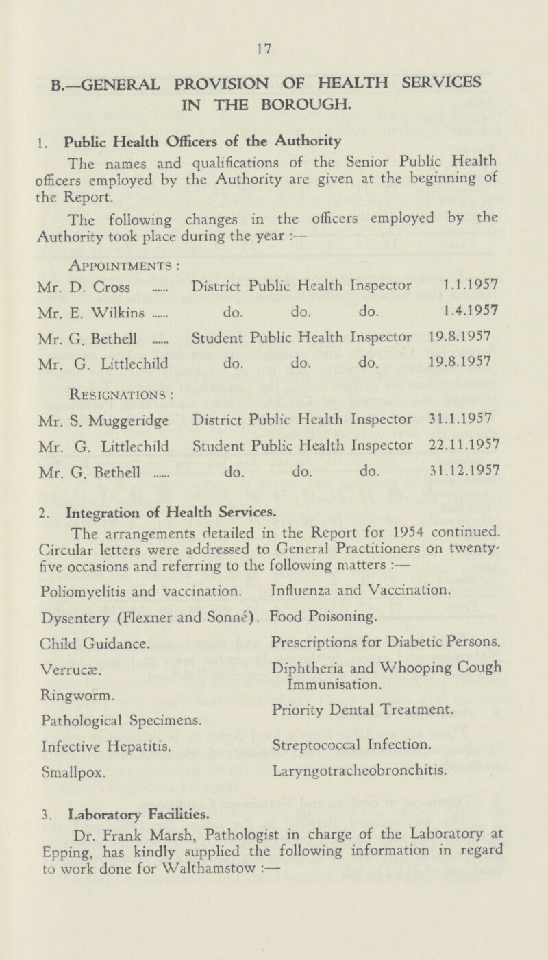 17 B.—GENERAL PROVISION OF HEALTH SERVICES IN THE BOROUGH. 1. Public Health Officers of the Authority The names and qualifications of the Senior Public Health officers employed by the Authority are given at the beginning of the Report. The following changes in the officers employed by the Authority took place during the year Appointments : Mr. D. Cross District Public Health Inspector 1.1.1957 Mr. E. Wilkins do. do. do. 1.4.1957 Mr. G. Bethell Student Public Health Inspector 19.8.1957 Mr. G. Littlechild do. do. do. 19.8.1957 Resignations : Mr. S. Muggeridge District Public Health Inspector 31.1.1957 Mr. G. Littlechild Student Public Health Inspector 22.11.1957 Mr. G. Bethell do. do. do. 31.12.1957 2. Integration of Health Services. The arrangements detailed in the Report for 1954 continued. Circular letters were addressed to General Practitioners on twenty five occasions and referring to the following matters :— Poliomyelitis and vaccination. Influenza and Vaccination. Dysentery (Flexner and Sonne). Food Poisoning. Child Guidance. Prescriptions for Diabetic Persons. Verrucas. Diphtheria and Whooping Cough „. Immunisation. Ringworm. Priority Dental Treatment. Pathological Specimens. Infective Hepatitis. Streptococcal Infection. Smallpox. Laryngotracheobronchitis. 3. Laboratory Facilities. Dr. Frank Marsh, Pathologist in charge of the Laboratory at Epping, has kindly supplied the following information in regard to work done for Walthamstow :—