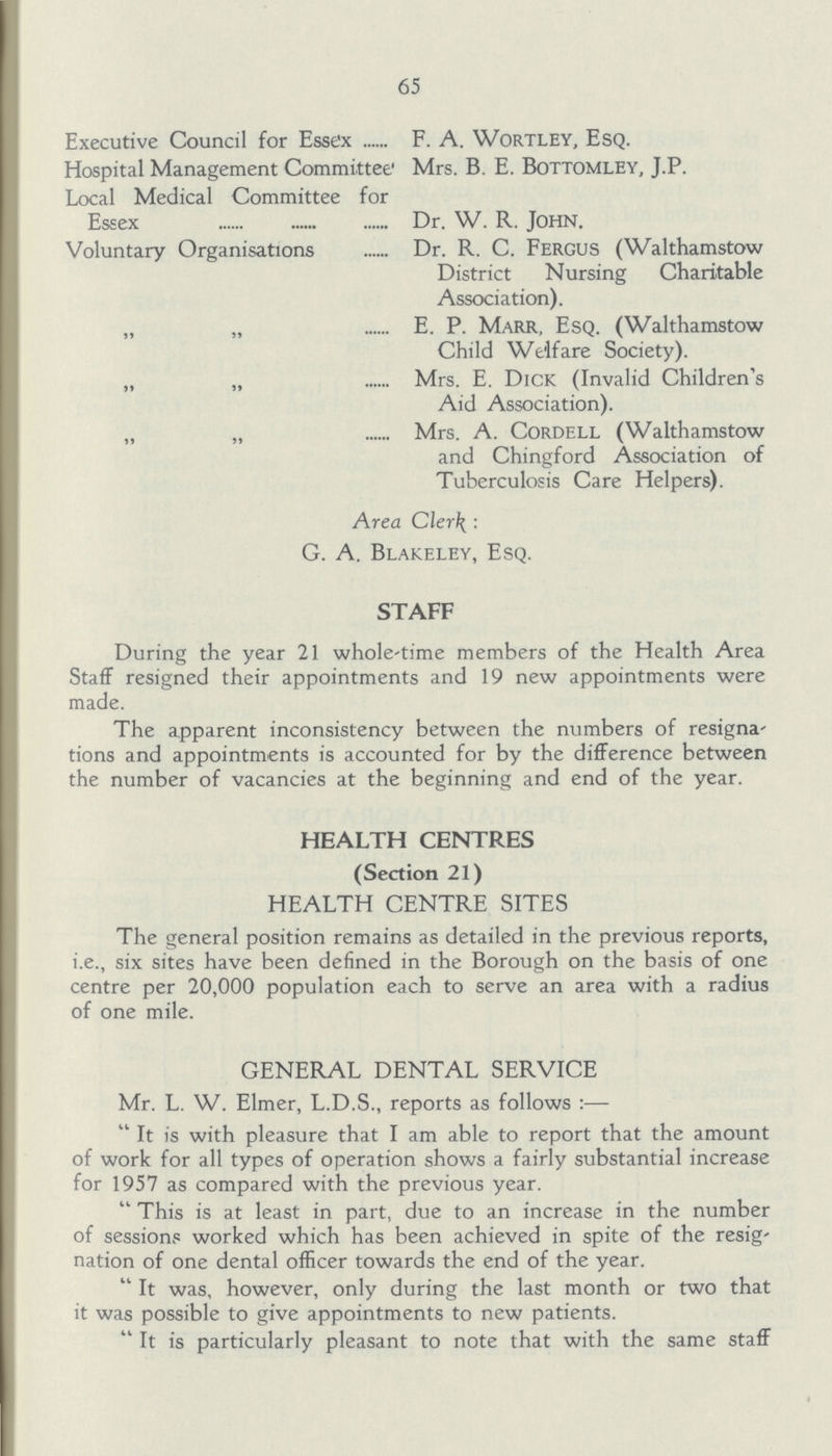 65 Executive Council for Essex F. A. Wortley, Esq. Hospital Management Committee' Mrs. B. E. Bottomley, J.P. Local Medical Committee for Essex Dr. W. R. John. Voluntary Organisations Dr. R. C. Fergus (Walthamstow District Nursing Charitable Association). „ „ E. P. Marr, Esq. (Walthamstow „ „ Child Welfare Society). „ „ Mrs. E. Dick (Invalid Children's Aid Association). „ „ Mrs. A. Cordell (Walthamstow and Chingford Association of Tuberculosis Care Helpers). Area Clerk: G. A. Blakeley, Esq. STAFF During the year 21 whole-time members of the Health Area Staff resigned their appointments and 19 new appointments were made. The apparent inconsistency between the numbers of resigna tions and appointments is accounted for by the difference between the number of vacancies at the beginning and end of the year. HEALTH CENTRES (Section 21) HEALTH CENTRE SITES The general position remains as detailed in the previous reports, i.e., six sites have been defined in the Borough on the basis of one centre per 20,000 population each to serve an area with a radius of one mile. GENERAL DENTAL SERVICE Mr. L. W. Elmer, L.D.S., reports as follows:— It is with pleasure that I am able to report that the amount of work for all types of operation shows a fairly substantial increase for 1957 as compared with the previous year. This is at least in part, due to an increase in the number of sessions worked which has been achieved in spite of the resig nation of one dental officer towards the end of the year. It was, however, only during the last month or two that it was possible to give appointments to new patients. It is particularly pleasant to note that with the same staff
