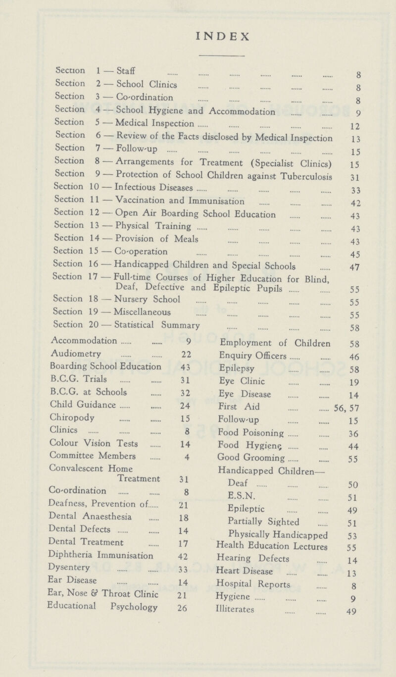 INDEX Section 1 — Staff 8 Section 2 — School Clinics 8 Section 3 — Co-ordination 8 Section 4 — School Hygiene and Accommodation 9 Section 5 — Medical Inspection 12 Section 6 — Review of the Facts disclosed by Medical Inspection 13 Section 7 — Follow-up 15 Section 8—Arrangements for Treatment (Specialist Clinics) 15 Section 9 — Protection of School Children against Tuberculosis 31 Section 10 — Infectious Diseases 33 Section 11—Vaccination and Immunisation 42 Section 12 —Open Air Boarding School Education 43 Section 13—Physical Training 43 Section 14 — Provision of Meals 43 Section 15 — Co-operation 45 Section 16 — Handicapped Children and Special Schools 47 Section 17—Full-time Courses of Higher Education for Blind, Deaf, Defective and Epileptic Pupils 55 Section 18 — Nursery School 55 Section 19 — Miscellaneous 55 Section 20 — Statistical Summary 58 Accommodation 9 Employment of Children 58 Audiometry 22 Enquiry Officers 46 Boarding School Education 43 Epilepsy 58 B.C.G. Trials 31 Eye Clinic 19 B.C.G. at Schools 32 Eye Disease 14 Child Guidance 24 First Aid 56, 57 Chiropody 15 Follow-up 15 Clinics 8 Food Poisoning 36 Colour Vision Tests 14 Food Hygiene 44 Committee Members 4 Good Grooming 55 Convalescent Home Handicapped Children— Treatment 31 Deaf 50 Co-ordination8 E.S.N. 51 Deafness, Prevention of 21 Epileptic 49 Dental Anaesthesia 18 Partially Sighted 51 Dental Defects 14 Physically Handicapped 53 Dental Treatment 17 Health Education Lectures 55 Diphtheria Immunisation 42 Hearing Defects 14 Dysentery 33 Heart Disease 13 Ear Disease 14 Hospital Reports 8 Ear, Nose ξ Throat Clinic 21 Hygiene 9 Educational Psychology 26 Illiterates 49