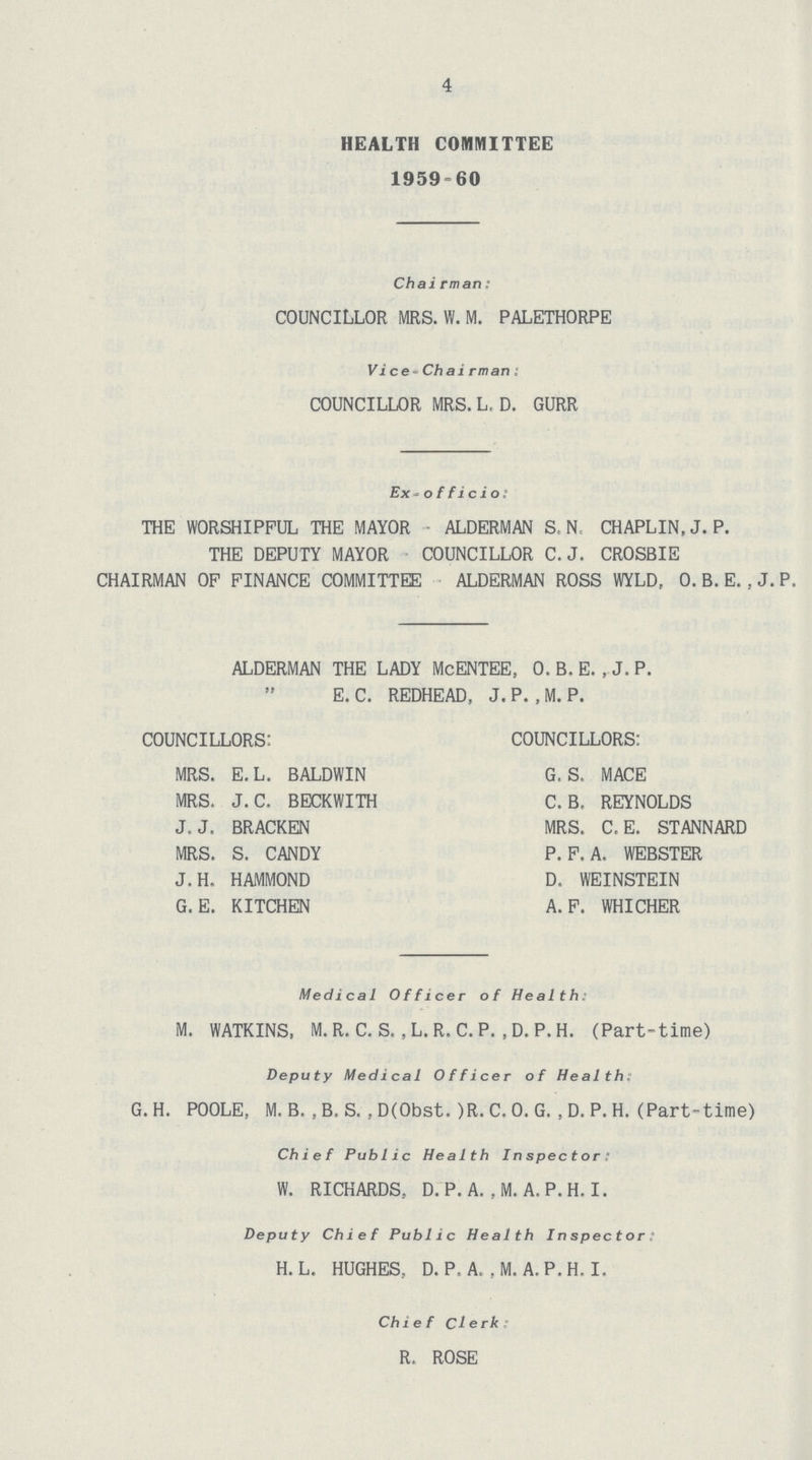 4 HEALTH COMMITTEE 1959-60 Chairman: COUNCILLOR MRS. W. M. PALETHORPE Vice chairman: COUNCILLOR MRS. L. D. GURR Ex - officio: THE WORSHIPFUL THE MAYOR ALDERMAN S.N, CHAPLIN,J. P. THE DEPUTY MAYOR COUNCILLOR C.J. CROSBIE CHAIRMAN OF FINANCE COMMITTEE ALDERMAN ROSS WYLD, 0. B. E. , J. P. ALDERMAN THE LADY McENTEE, 0. B. E. , J. P. E. C. REDHEAD, J. P. , M. P. COUNCILLORS: COUNCILLORS: MRS. E.L. BALDWIN G. S. MACE MRS. J. C. BECKWITH C. B, REYNOLDS J.J. BRACKEN MRS. C. E. STANNARD MRS. S. CANDY P. F. A. WEBSTER J.H. HAMMOND D. WEINSTEIN G. E. KITCHEN A. F. WHICHER Medical Officer of Health. M. WATKINS, M.R. C. S. ,L.R.C.P. , D. P.H. (Part-time) Deputy Medical Officer of Health: G.H. POOLE, M. B. , B. S. , D(Obst. )R.C.O. G. , D. P.H. (Part-time) Chief Public Health Inspector; W. RICHARDS, D. P. A. , M. A. P. H. I. Deputy Chief Public Health Inspector: H.L. HUGHES, D. P. A. , M. A. P. H. I. Chief Clerk R. ROSE