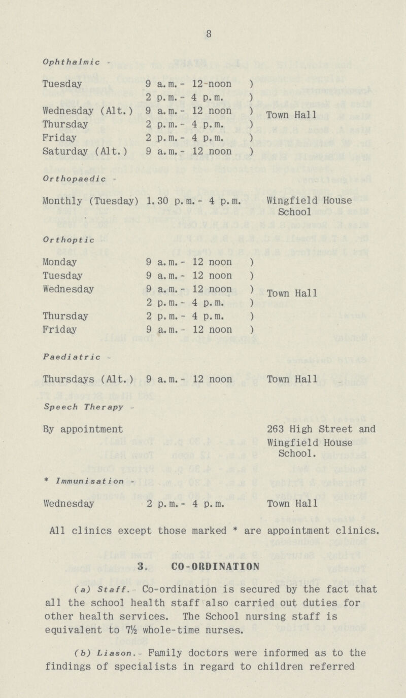 8 Ophthalmic Tuesday 9 a.m.- 12-noon ) 2 p.m. - 4 p.m. ) Wednesday (Alt.) 9 a.m.- 12 noon ) Town Hall Thursday 2 p.m. - 4 p.m. ) Friday 2 p. m. - 4 p. m. ) Saturday (Alt.) 9 a. m. - 12 noon ) Orthopaedi c Monthly (Tuesday) 1.30 p.m.- 4 p.m. Wingfield House School Or thoptic Monday 9 a. m. - 12 noon ) Tuesday 9 a. m. - 12 noon ) Wednesday 9 a.m.- 12 noon ) Twon Hall 2 p.m. - 4 p.m. ) Thursday 2 p.m. - 4 p.m. ) Friday 9 a.m.- 12 noon ) Paediatric Thursdays (Alt.) 9 a.m.- 12 noon Town Hall Speech Therapy By appointment 263 High Street and Wingfield House School. * Immunisation- Wednesday 2 p.m.- 4 p.m. Town Hall All clinics except those marked * are appointment clinics. 3. CO-ORDINATION (a) Staff. Co-ordination is secured by the fact that all the school health staff also carried out duties for other health services. The School nursing staff is equivalent to 7& whole-time nurses. (b) Liason. Family doctors were informed as to the findings of specialists in regard to children referred