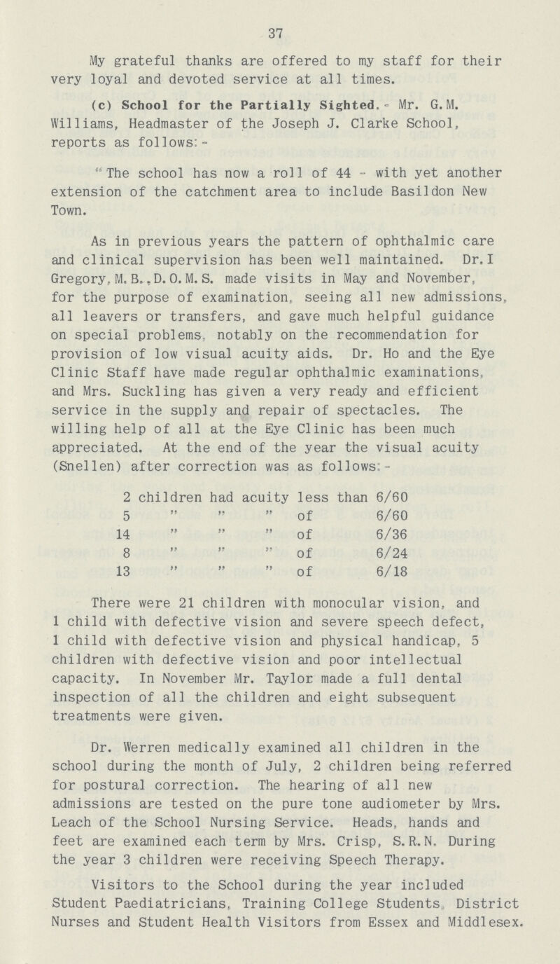 37 My grateful thanks are offered to my staff for their very loyal and devoted service at all times. (c) School for the Partially Sighted.- Mr. G.M. Williams, Headmaster of the Joseph J. Clarke School, reports as follows:- The school has now a roll of 44 - with yet another extension of the catchment area to include Basildon New Town. As in previous years the pattern of ophthalmic care and clinical supervision has been well maintained. Dr.I Gregory, M, B..D. 0. M. S. made visits in May and November, for the purpose of examination, seeing all new admissions, all leavers or transfers, and gave much helpful guidance on special problems, notably on the recommendation for provision of low visual acuity aids. Dr. Ho and the Eye Clinic Staff have made regular ophthalmic examinations, and Mrs. Suckling has given a very ready and efficient service in the supply and repair of spectacles. The willing help of all at the Eye Clinic has been much appreciated. At the end of the year the visual acuity (Snellen) after correction was as follows.- 2 children had acuity less than 6/60 5 of 6/60 14 of 6/36 8 of 6/24 13 of6/18 There were 21 children with monocular vision, and 1 child with defective vision and severe speech defect, 1 child with defective vision and physical handicap, 5 children with defective vision and poor intellectual capacity. In November Mr. Taylor made a full dental inspection of all the children and eight subsequent treatments were given. Dr. Werren medically examined all children in the school during the month of July, 2 children being referred for postural correction. The hearing of all new admissions are tested on the pure tone audiometer by Mrs. Leach of the School Nursing Service. Heads, hands and feet are examined each term by Mrs. Crisp, S.R.N. During the year 3 children were receiving Speech Therapy. Visitors to the School during the year included Student Paediatricians, Training College Students District Nurses and Student Health Visitors from Essex and Middlesex.