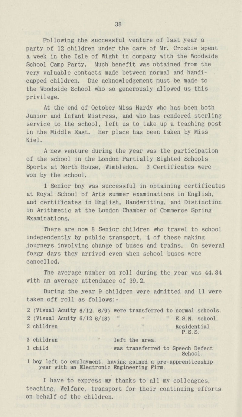 38 Following the successful venture of last year a party of 12 children under the care of Mr. Crosbie spent a week in the Isle of Wight in company with the Woodside School Camp Party. Much benefit was obtained from the very valuable contacts made between normal and handi capped children. Due acknowledgement must be made to the Woodside School who so generously allowed us this privilege. At the end of October Miss Hardy who has been both Junior and Infant Mistress, and who has rendered sterling service to the school, left us to take up a teaching post in the Middle East. Her place has been taken by Miss Kiel. A new venture during the year was the participation of the school in the London Partially Sighted Schools Sports at North House, Wimbledon. 3 Certificates were won by the school. 1 Senior boy was successful in obtaining certificates at Royal School of Arts summer examinations in English, and certificates in English, Handwriting, and Distinction in Arithmetic at the London Chamber of Commerce Spring Examinations. There are now 8 Senior children who travel to school independently by public transport, 4 of these making journeys involving change of buses and trains. On several foggy days they arrived even when school buses were cancel led. The average number on roll during the year was 44.84 with an average attendance of 39. 2. During the year 9 children were admitted and 11 were taken off roll as follows:- 2 (Visual Acuity 6/12 6/9) were transferred to normal schools 2 (Visual Acuity 6/12 6/18) E S.N school 2 children Residential P S S 3 children left the area. 1 child was transferred to Speech Defect School 1 boy left to employment having gained a pre-apprenticeship year with an Electronic Engineering Firm I have to express my thanks to all my colleagues, teaching, Welfare, transport for their continuing efforts on behalf of the children.