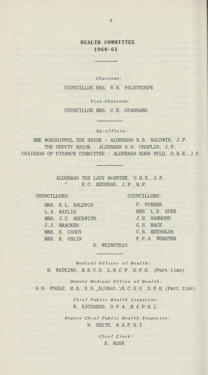 4. HEALTH COMMITTEE 1960-61 Chairman: COUNCILLOR MRS. W.M. PALETHORPE Vice-Chairman: COUNCILLOR MRS. C.E. STANNARD Ex-officio: TOE WORSHIPFUL THE MAYOR - ALDERMAN W.R. BALDWIN, J.P. THE DEPUTY MAYOR - ALDERMAN S.N. CHAPLIN, J.P. CHAIRMAN OP FINANCE COMMITTEE - ALDERMAN ROSS WYLD, O.B.E.,J.P. ALDERMAN THE LADY McENTEE, O.B.E,, J. P.  E.C. REDHEAD, J. P. M.P. COUNCILLORS, MRS E.L. BALDWIN L.A. BAYLIS MRS. J.C. BECKWITH J.J. BRACKEN MRS. S, CANDY MRS. R, COLIN COUNCILLORS: F. FURBER MRS L. D GURR J,H. HAMMOND G.S. MACE C.B. REYNOLDS P.F.A. WEBSTER D, WEINSTEIN Medical Officer of Health: M. WATKINS, M R.C S. ,L.R C P D.P H (Part-time) Deputy Medical Office of Health: G.H. POOLE, M.B. ,B. S. D(Obst. )R. C. O. G. ,D. P. H. (Part time) Chief Public Health Inspector: W. RICHARDS D.P. A. ,M. A. P. H. I. Deputy Chief Public Health Inspector: N. SMITH M.A. P.H.I. Chief Clerk: R. ROSE