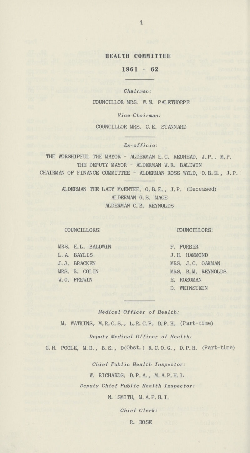 4 HEALTH COMMITTEE 1961 - 62 Chairman: COUNCILLOR MRS. W.M. PALETHORPE Vice Chairman. COUNCILLOR MRS. C. E. STANNARD Ex- officio: THE WORSHIPFUL THE MAYOR - ALDERMAN E. C. REDHEAD, J.P. , M. P. THE DEPUTY MAYOR - ALDERMAN W. R. BALDWIN CHAIRMAN OF FINANCE COMMITTEE - ALDERMAN ROSS WYLD, O. B. E. , J. P. ALDERMAN THE LADY McENTEE, 0. B. E., J.P. (Deceased) ALDERMAN G. S. MACE ALDERMAN C. B. REYNOLDS COUNCILLORS. MRS, E.L. BALDWIN L, A, BAYLIS J.J. BRACKEN MRS. R. COLIN W. G. FREWIN COUNCILLORS: F. FURBER J. H. HAMMOND MRS. J.C. OAKMAN MRS. B.M. REYNOLDS E. ROSOMAN D. WEINSTEIN Medical Officer of Health: M. WATKINS,. M.R.C.S. , L. R. C.P. D.P. H. (Part- time) Deputy Medical Officer of Health: G. H. POOLE, M. B., B. S., D(Obst.) R. C. O. G., D. P. H. (Part-time) Chief Public Health Inspector W. RICHARDS, D. P. A. , M. A. P. H. I. Deputy Chief Public Health Inspector: N. SMITH, M. A.P.H. I. Chief Clerk: R. ROSE