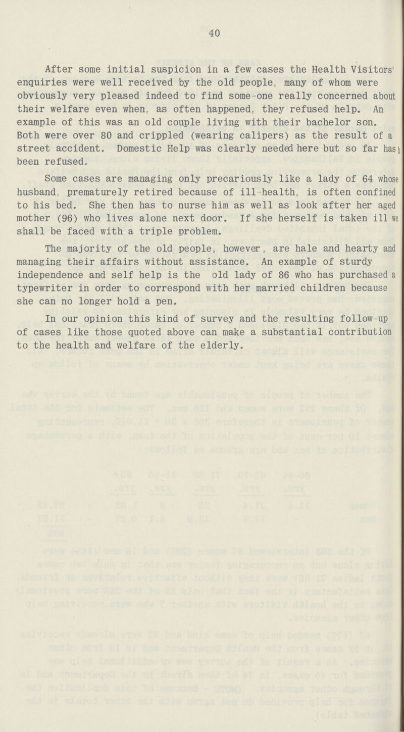 40 After some initial suspicion in a few cases the Health Visitors' enquiries were well received by the old people, many of whom were obviously very pleased indeed to find some one really concerned about their welfare even when, as often happened, they refused help. An example of this was an old couple living with their bachelor son. Both were over 80 and crippled (wearing calipers) as the result of a street accident. Domestic Help was clearly needed here but so far hast been refused. Some cases are managing only precariously like a lady of 64 whose husband, prematurely retired because of ill health, is often confined to his bed. She then has to nurse him as well as look after her aged mother (96) who lives alone next door. If she herself is taken ill we shall be faced with a triple problem. The majority of the old people, however, are hale and hearty and managing their affairs without assistance. An example of sturdy independence and self help is the old lady of 86 who has purchased a typewriter in order to correspond with her married children because she can no longer hold a pen. In our opinion this kind of survey and the resulting follow up of cases like those quoted above can make a substantial contribution to the health and welfare of the elderly.