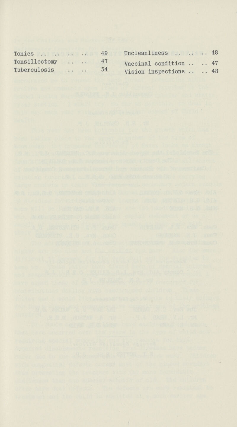 Tonics 49 Uncleanliness 48 Tonsillectomy 47 Vaccinal condition 47 Tuberculosis 54 vision inspections 48