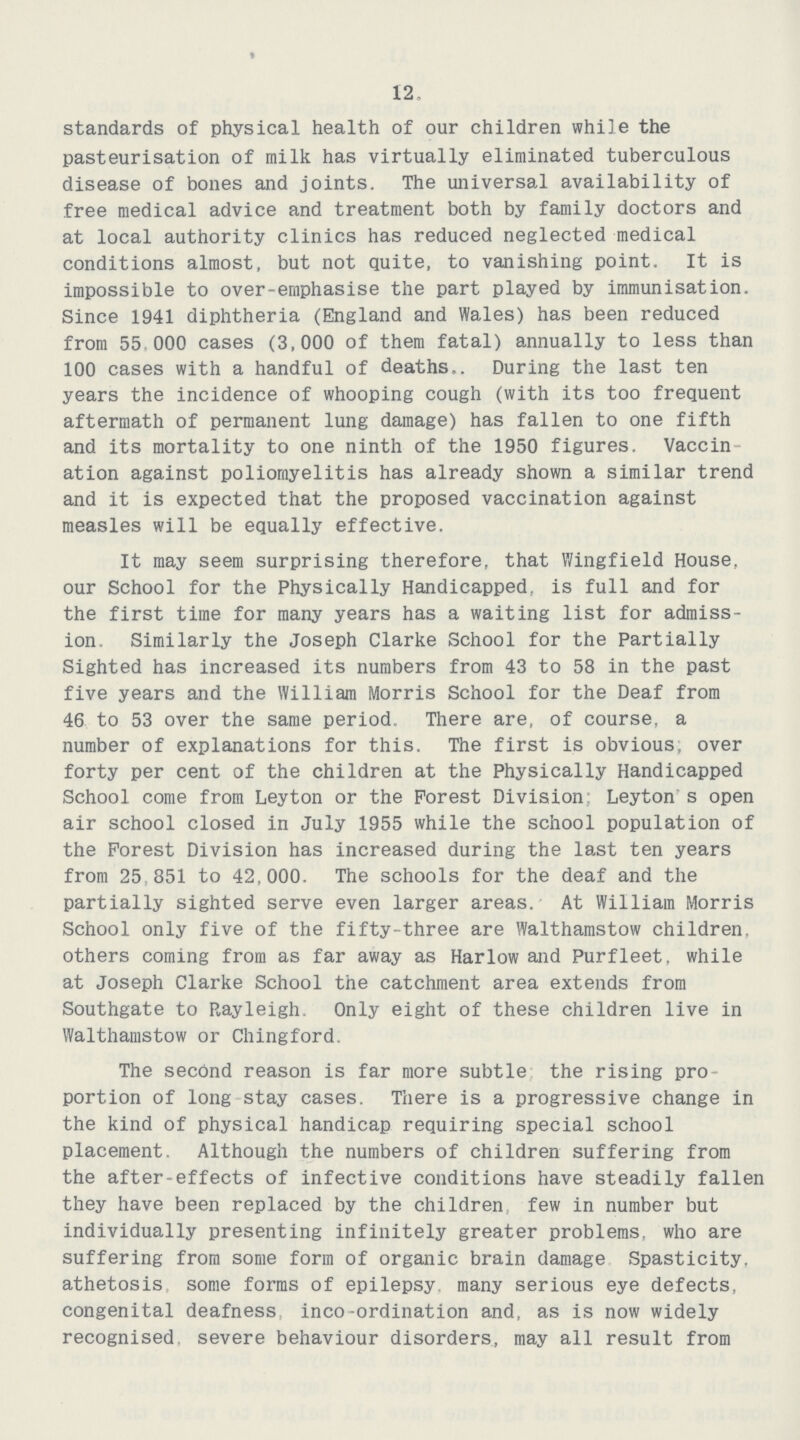 12. standards of physical health of our children while the pasteurisation of milk has virtually eliminated tuberculous disease of bones and joints. The universal availability of free medical advice and treatment both by family doctors and at local authority clinics has reduced neglected medical conditions almost, but not quite, to vanishing point. It is impossible to over-emphasise the part played by immunisation. Since 1941 diphtheria (England and Wales) has been reduced from 55,000 cases (3,000 of them fatal) annually to less than 100 cases with a handful of deaths.. During the last ten years the incidence of whooping cough (with its too frequent aftermath of permanent lung damage) has fallen to one fifth and its mortality to one ninth of the 1950 figures. Vaccin ation against poliomyelitis has already shown a similar trend and it is expected that the proposed vaccination against measles will be equally effective. It may seem surprising therefore, that Wingfield House, our School for the Physically Handicapped, is full and for the first time for many years has a waiting list for admiss ion. Similarly the Joseph Clarke School for the Partially Sighted has increased its numbers from 43 to 58 in the past five years and the William Morris School for the Deaf from 46 to 53 over the same period. There are, of course, a number of explanations for this. The first is obvious, over forty per cent of the children at the Physically Handicapped School come from Leyton or the Forest Division; Leyton s open air school closed in July 1955 while the school population of the Forest Division has increased during the last ten years from 25 851 to 42,000. The schools for the deaf and the partially sighted serve even larger areas. At William Morris School only five of the fifty-three are Walthamstow children, others coming from as far away as Harlow and Purfleet, while at Joseph Clarke School the catchment area extends from Southgate to Rayleigh. Only eight of these children live in Walthamstow or Chingford. The second reason is far more subtle the rising pro portion of long stay cases. There is a progressive change in the kind of physical handicap requiring special school placement. Although the numbers of children suffering from the after-effects of infective conditions have steadily fallen they have been replaced by the children, few in number but individually presenting infinitely greater problems, who are suffering from some form of organic brain damage Spasticity, athetosis some forms of epilepsy, many serious eye defects, congenital deafness inco-ordination and, as is now widely recognised severe behaviour disorders, may all result from