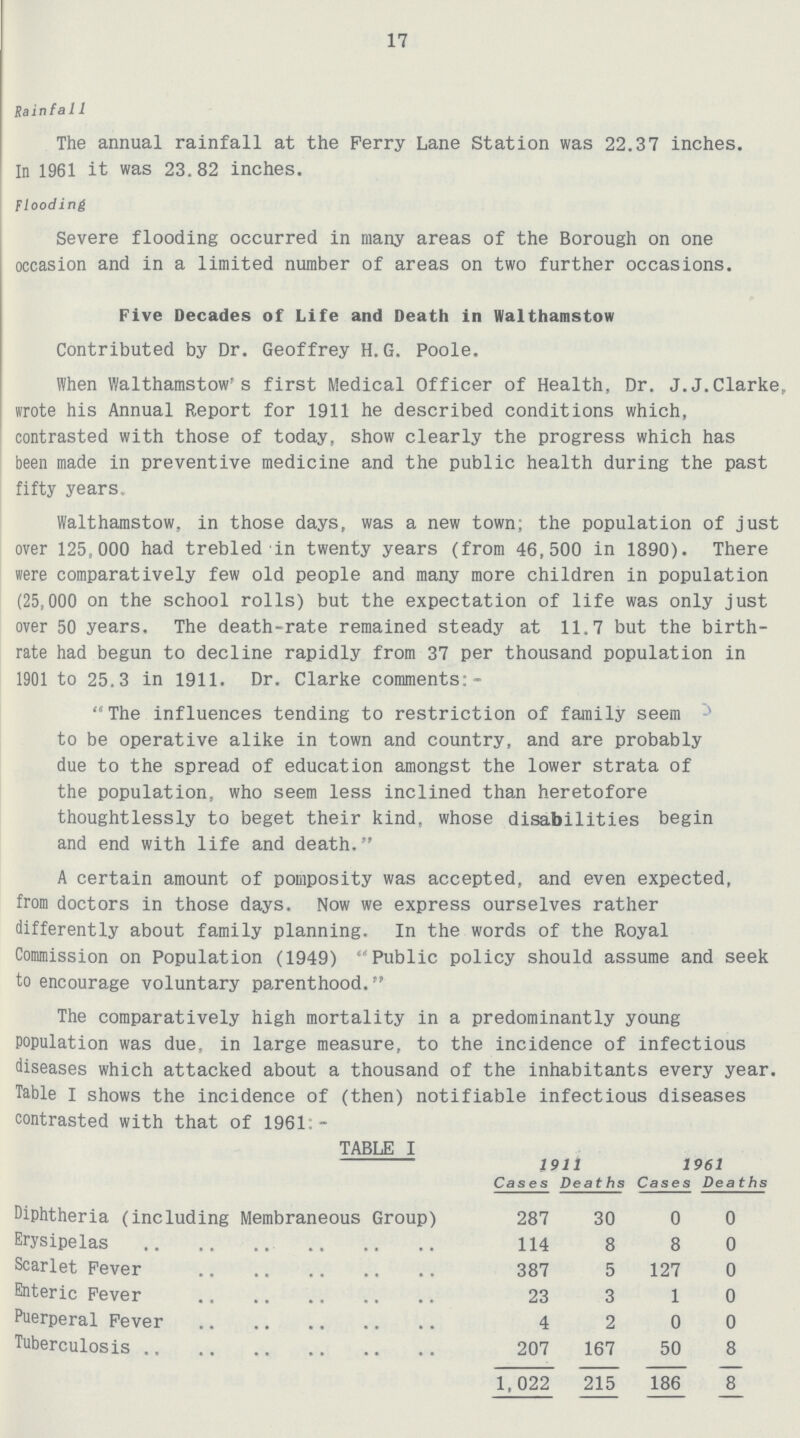 17 Rainfall The annual rainfall at the Perry Lane Station was 22.37 inches. In 1961 it was 23.82 inches. Flooding Severe flooding occurred in many areas of the Borough on one occasion and in a limited number of areas on two further occasions. Five Decades of Life and Death in Walthamstow Contributed by Dr. Geoffrey H.G. Poole. When Walthamstow's first Medical Officer of Health, Dr. J.J.Clarke, wrote his Annual Report for 1911 he described conditions which, contrasted with those of today, show clearly the progress which has been made in preventive medicine and the public health during the past fifty years. Walthamstow, in those days, was a new town; the population of just over 125,000 had trebled in twenty years (from 46,500 in 1890). There were comparatively few old people and many more children in population (25,000 on the school rolls) but the expectation of life was only just over 50 years. The death-rate remained steady at 11.7 but the birth rate had begun to decline rapidly from 37 per thousand population in 1901 to 25.3 in 1911. Dr. Clarke comments:- The influences tending to restriction of family seem 1 to be operative alike in town and country, and are probably due to the spread of education amongst the lower strata of the population, who seem less inclined than heretofore thoughtlessly to beget their kind, whose disabilities begin and end with life and death. A certain amount of pomposity was accepted, and even expected, from doctors in those days. Now we express ourselves rather differently about family planning. In the words of the Royal Commission on Population (1949) Public policy should assume and seek to encourage voluntary parenthood. The comparatively high mortality in a predominantly young population was due, in large measure, to the incidence of infectious diseases which attacked about a thousand of the inhabitants every year. Table I shows the incidence of (then) notifiable infectious diseases contrasted with that of 1961 - TABLE I 1911 1961 Cases Deaths Cases Deaths Diphtheria (including Membraneous Group) 287 30 0 0 Erysipelas 114 8 8 0 Scarlet Pever 387 5 127 0 Enteric Pever 23 3 1 0 Puerperal Pever 4 2 0 0 Tuberculosis 207 167 50 8 1,022 215 186 8