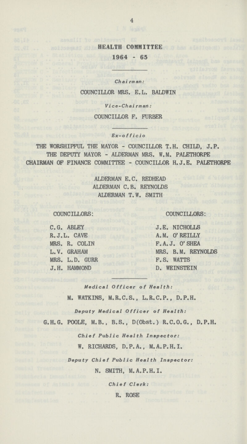 4 HEALTH COMMITTEE 1964-65 Chairman: COUNCILLOR MRS. E.L. BALDWIN Vice-Chairman: COUNCILLOR F. FURBER Bx-officio THE WORSHIPFUL THE MAYOR-COUNCILLOR T.H. CHILD, J.P. THE DEPUTY MAYOR-ALDERMAN MRS. W.M. PALETHORPE CHAIRMAN OF FINANCE COMMITTEE-COUNCILLOR H.J.E. PALETHORPE ALDERMAN E.C. REDHEAD ALDERMAN C.B. REYNOLDS ALDERMAN T. W. SMITH COUNCILLORS: C.G. ABLEY R.J.L. CAVE MRS. R. COLIN L.V. GRAHAM MRS. L.D. GURR J.H. HAMMOND COUNCILLORS: J.E. NICHOLLS A.M. O'REILLY F.A.J. 0'SHEA MRS. B.M. REYNOLDS F.S. WATTS D. WEINSTEIN Medical Officer of Health: M. WATKINS, M.R.C.S., L.R.C.P., D.P.H. Deputy Medical Officer of Health: G.H.G. POOLE, M.B., B.S., D(Obst.) R.C.O.G., D.P.H. Chief Public Health Inspector: W. RICHARDS, D.P.A., M.A.P.H.I. Deputy Chief Public Health Inspector: N. SMITH, M.A.P.H.I. Chief Clerk: R. ROSE