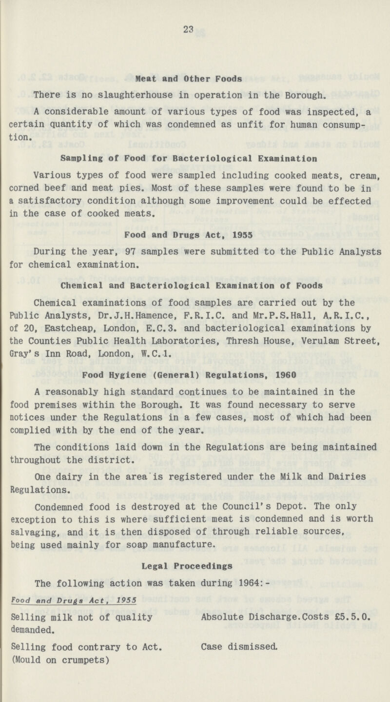 23 Meat and Other Foods There is no slaughterhouse in operation in the Borough. A considerable amount of various types of food was inspected, a certain quantity of which was condemned as unfit for human consump tion. Sampling of Food for Bacteriological Examination Various types of food were sampled including cooked meats, cream, corned beef and meat pies. Most of these samples were found to be in a satisfactory condition although some improvement could be effected in the case of cooked meats. Food and Drugs Act, 1955 During the year, 97 samples were submitted to the Public Analysts for chemical examination. Chemical and Bacteriological Examination of Foods Chemical examinations of food samples are carried out by the Public Analysts, Dr. J.H.Hamence, F.R.I.C. and Mr. P. S.Hall, A.R.I. C., of 20, Eastcheap, London, E.C.3. and bacteriological examinations by the Counties Public Health Laboratories, Thresh House, Verulam Street, Gray's Inn Road, London, W.C.1. Food Hygiene (General) Regulations, 1960 A reasonably high standard continues to be maintained in the food premises within the Borough. It was found necessary to serve notices under the Regulations in a few cases, most of which had been complied with by the end of the year. The conditions laid down in the Regulations are being maintained throughout the district. One dairy in the area is registered under the Milk and Dairies Regulations. Condemned food is destroyed at the Council's Depot. The only exception to this is where sufficient meat is condemned and is worth salvaging, and it is then disposed of through reliable sources, being used mainly for soap manufacture. Legal Proceedings The following action was taken during 1964: Food and Drugs Act. 1955 Selling milk not of quality demanded. Absolute Discharge. Costs £5.5.0. Selling food contrary to Act. (Mould on crumpets) Case dismissed.