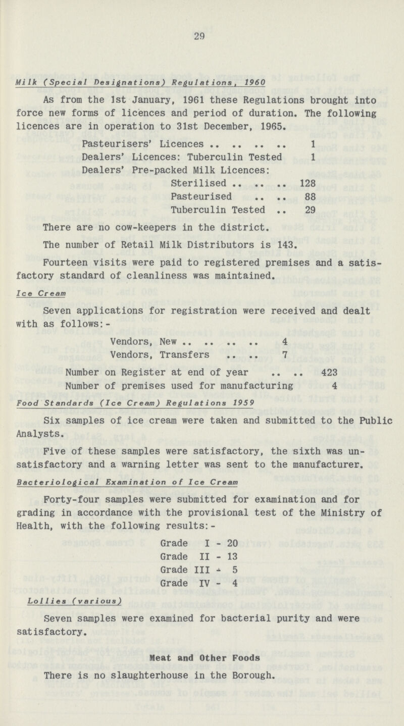 29 Milk (Special Pesijnations) Regulations, 1960 As from the 1st January, 1961 these Regulations brought into force new forms of licences and period of duration. The following licences are in operation to 31st December, 1965. Pasteurisers' Licences 1 Dealers' Licences: Tuberculin Tested 1 Dealers' Pre-packed Milk Licences: Sterilised 128 Pasteurised 88 Tuberculin Tested 29 There are no cow-keepers in the district. The number of Retail Milk Distributors is 143. Fourteen visits were paid to registered premises and a satis factory standard of cleanliness was maintained. Ice Cream Seven applications for registration were received and dealt with as follows:- Vendors, New 4 Vendors, Transfers 7 Number on Register at end of year 423 Number of premises used for manufacturing 4 Food St andards (Ice Cream) Regulations 1959 Six samples of ice cream were taken and submitted to the Public Analysts. Five of these samples were satisfactory, the sixth was un satisfactory and a warning letter was sent to the manufacturer. Bacteriological Examination of Ice Cream Forty-four samples were submitted for examination and for grading in accordance with the provisional test of the Ministry of Health, with the following results:- Grade 1-20 Grade II-13 Grade III-5 Grade IV-4 Lollies (various) Seven samples were examined for bacterial purity and were satisfactory. Meat and Other Foods There is no slaughterhouse in the Borough.