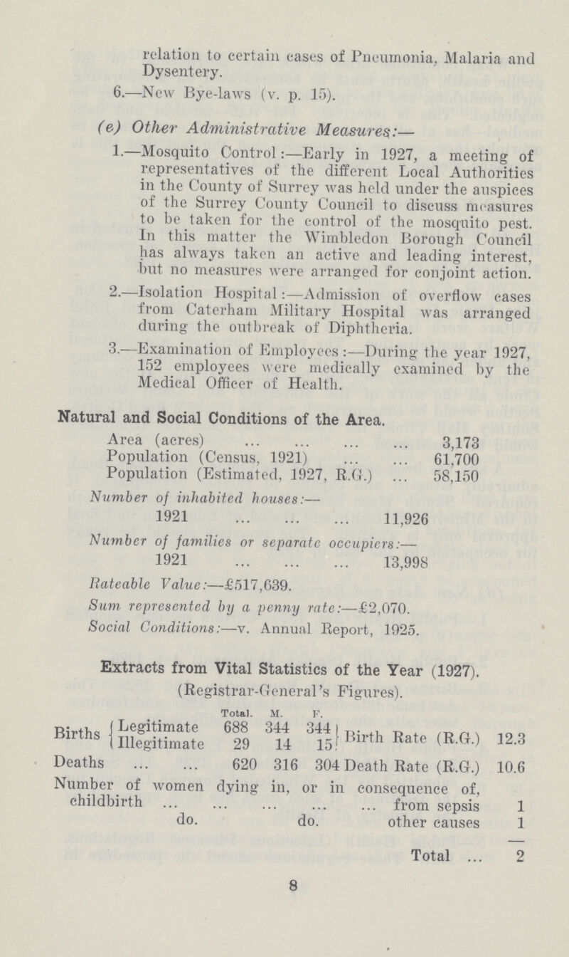 relation to certain cases of Pneumonia, Malaria and Dysentery. 6.—New Bye-laws (v. p. 15). (e) Other Administrative Measures:— 1.—Mosquito Control:—Early in 1927, a meeting of representatives of the different Local Authorities in the County of Surrey was held under the auspices of the Surrey County Council to discuss measures to be taken for the control of the mosquito pest. In this matter the Wimbledon Borough Council has always taken an active and leading interest, but no measures were arranged for conjoint action. 2.—Isolation Hospital:—Admission of overflow cases from Caterham Military Hospital was arranged during the outbreak of Diphtheria. 3.—Examination of Employees:— During the year 1927, 152 employees were medically examined by the Medical Officer of Health. Natural and Social Conditions of the Area. Area (acres) 3,173 Population (Census, 1921) 61,700 Population (Estimated, 1927, R.G.) 58,150 Number of inhabited houses:— 1921 11,926 Number of families or separate occupiers:— 1921 13,998 Rateable Value:—£517,639. Sum represented by a penny rate:—£2,070. Social Conditions:—v. Annual Report, 1025. Extracts from Vital Statistics of the Year (1927). (Registrar-General's Figures). Total. M. F. Births (Legitimate 688 344 344 Birth Rate (R.G.) 12.3 1 Illegitimate 29 14 15 Deaths 620 316 304 1 Death Rate (R.G.) 10.6 Number of women dying in, or in consequence of, childbirth from sepsis 1 do. do. other causes 1 Total 2 8