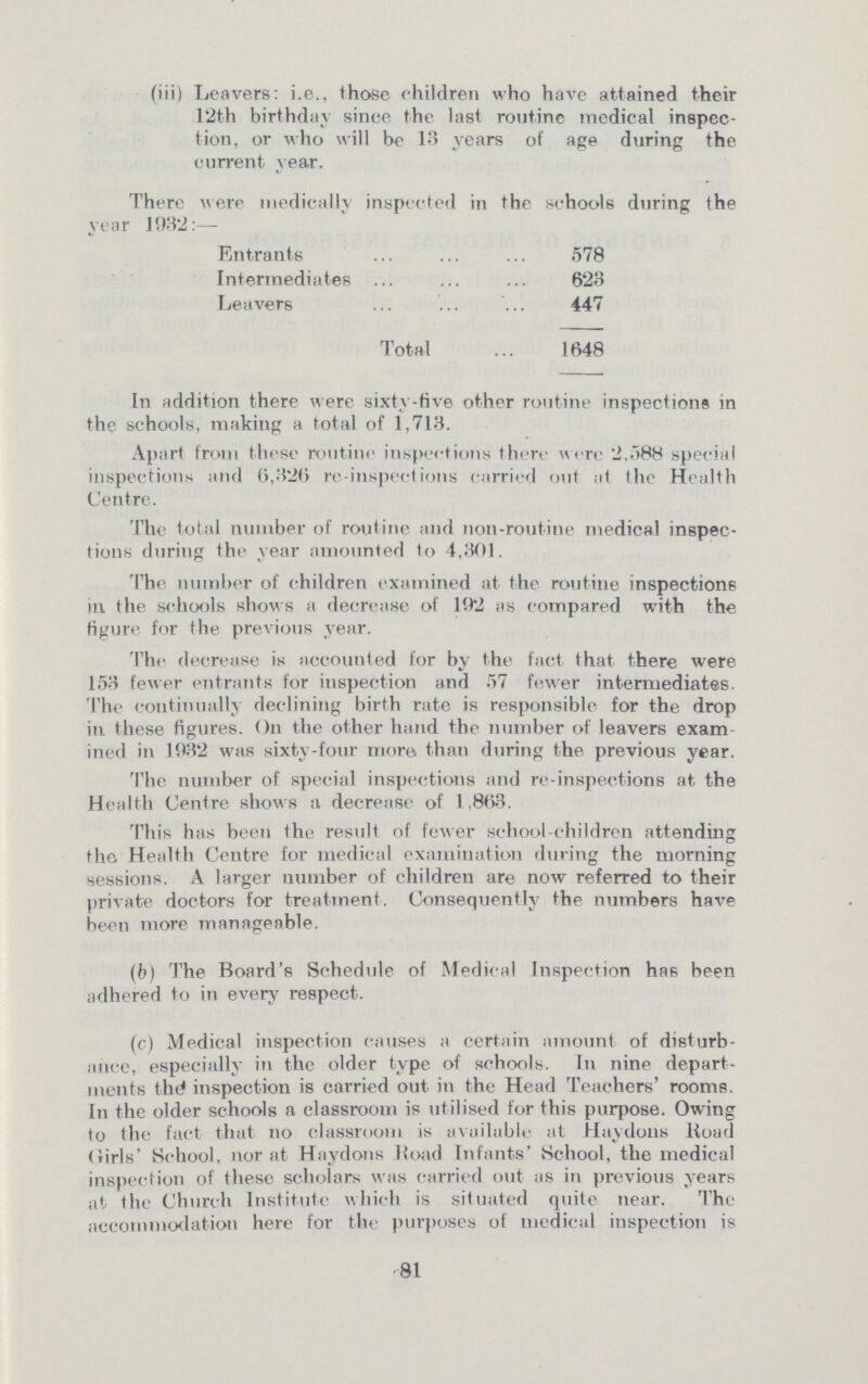 (iii) Leavers: i.e., those children who have attained their 12th birthday since the last routine medical inspec tion, or who will be 13 years of age during the current year. There were medically inspected in the schools during the year 1932:— Entrants 578 Intermediates 623 Leavers 447 Total 1648 In addition there were sixty-five other routine inspections in the schools, making a total of 1,713. Apart from these routine inspections there were 2,588 special inspections and 6,326 re-inspections carried out at the Health Centre. The total number of routine and non-routine medical inspec tions during the year amounted to 4,301. The number of children examined at the routine inspections in, the schools shows a decrease of 192 as compared with the figure for the previous year. The decrease is accounted for by the fact that there were 153 fewer entrants for inspection and 57 fewer intermediates. The continually declining birth rate is responsible for the drop in these figures. On the other hand the number of leavers exam ined in 1932 was sixty-four more than during the previous year. The number of special inspections and re-inspections at the Health Centre shows a decrease of 1,863. This has been the result of fewer school-children attending the Health Centre for medical examination during the morning sessions. A larger number of children are now referred to their private doctors for treatment. Consequently the numbers have been more manageable. (b) The Board's Schedule of Medical Inspection has been adhered to in every respect. (c) Medical inspection causes a certain amount of disturb ance, especially in the older type of schools. In nine depart ments the inspection is carried out in the Head Teachers' rooms. In the older schools a classroom is utilised for this purpose. Owing to the fact that no classroom is available at Haydous Road Girls' School, nor at Haydons Road Infants' School, the medical inspection of these scholars was carried out as in previous years at the Church Institute which is situated quite near. The accommodation here for the purposes of medical inspection is 81