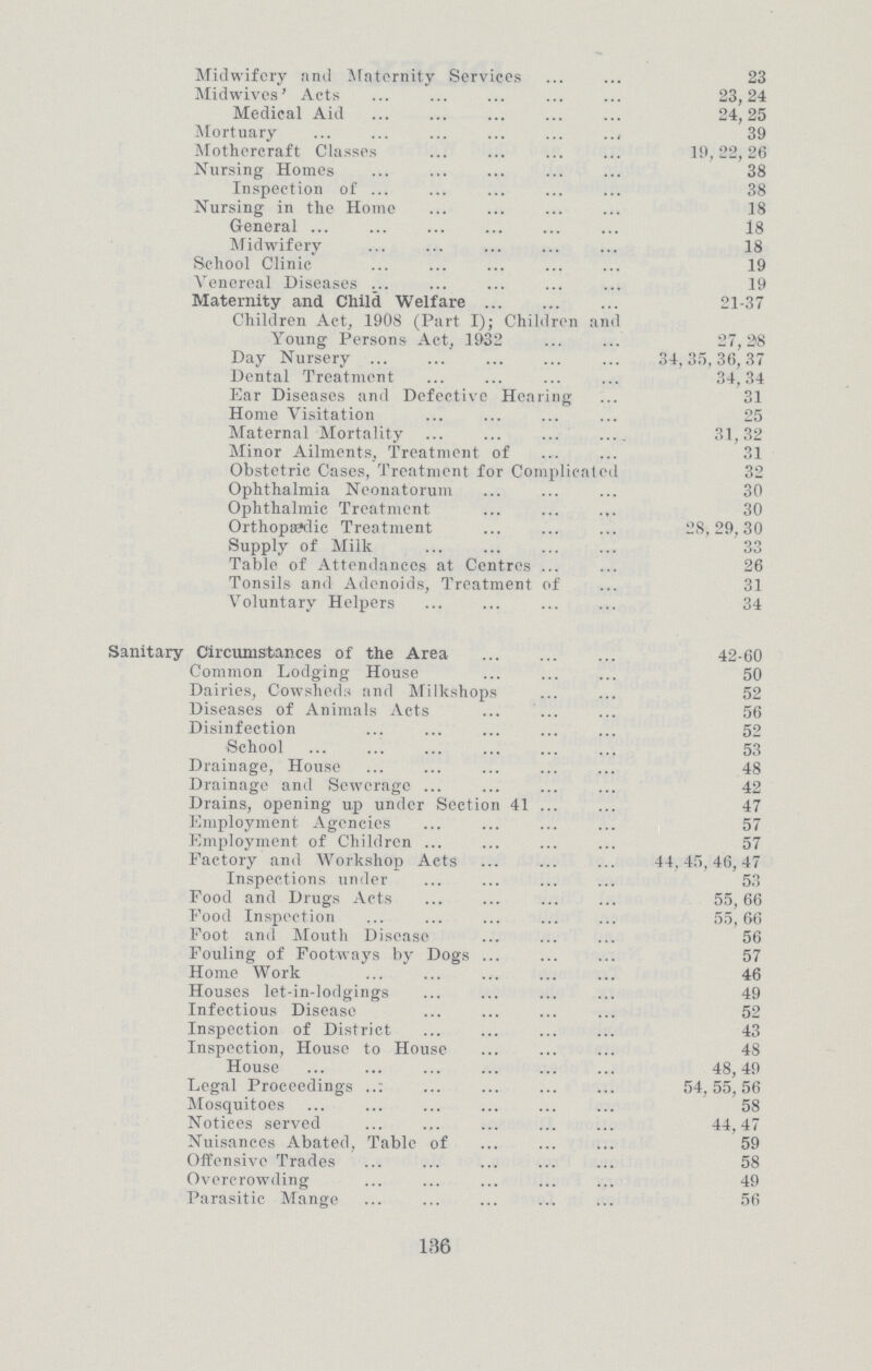 Midwifery and Maternity Services 23 Midwives' Acts 23,24 Medical Aid 24,25 Mortuary 39 Mothercraft Classes 19,22,26 Nursing Homes 38 Inspection of 38 Nursing in the Home 18 General 18 Midwifery 18 School Clinic 19 Venereal Diseases 19 Maternity and Child Welfare 21-37 Children Act, 1908 (Part I); Children anil Young Persons Act, 1932 27,28 Day Nursery 34,35,36,37 Dental Treatment 34,34 Ear Diseases and Defective Hearing 31 Home Visitation 25 Maternal Mortality 31,32 Minor Ailments, Treatment of 31 Obstetric Cases, Treatment for Complicated 32 Ophthalmia Neonatorum 30 Ophthalmic Treatment 30 Orthopedic Treatment 28,29,30 Supply of Milk 33 Table of Attendances at Centres 26 Tonsils and Adenoids, Treatment of 31 Voluntary Helpers 34 Sanitary Circumstances of the Area 42-60 Common Lodging House 50 Dairies, Cowsheds and Milkshops 52 Diseases of Animals Acts 56 Disinfection 52 School 53 Drainage, House 48 Drainage and Sewerage 42 Drains, opening up under Section 41 47 Employment Agencies 57 Employment of Children 57 Factory and Workshop Acts 44,45,46,47 Inspections under 53 Food and Drugs Acts 55,66 Food Inspection 55,66 Foot and Mouth Disease 56 Fouling of Footways by Dogs 57 Home Work 46 Houses let-in-lodgings 49 Infectious Disease 52 Inspection of District 43 Inspection, House to House 48 House 48,49 Legal Proceedings 54,55,56 Mosquitoes 58 Notices served 44,47 Nuisances Abated, Table of 59 Offensive Trades 58 Overcrowding 49 Parasitic Mange 56 136