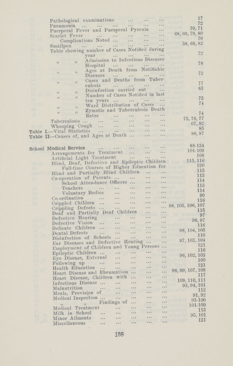 Pathological examinations 17 Pneumonia 72 Puerperal Fever and Puerperal Pyrexia 70, 71 Scarlet Fever 68,69,79,80 Complications Noted 79 Smallpox 58,68,82 Table showing number of Cases Notified during year 72 „ „ Admission to Infectious Diseases Hospital 78 „ „ Ages at Death from Notifiable Diseases 73 „ „ Cases and Deaths from Tuber culosis 77 „ „ Disinfection carried out 83 „ „ Number of Cases Notified in last ten years 75 „ „ Ward Distribution of Cases 74 „ „ Zymotic and Tuberculosis Death Bates 74 Tuberculosis 75,76,77 Whooping Cough 67,82 Table I.—Vital Statistics 85 Table II—Causes of, and Ages at Death 86,87 School Medical Service 88-134 Arrangements for Treatment 101-109 Artificial Light Treatment 108 Blind, Deaf, Defective and Epileptic Children 115,116 Full-time Courses of Higher Education for 120 Blind and Partially Blind Children 115 Co-operation of Parents 113 School Attendance Officers 114 Teachers 113 Voluntary Bodies 114 Co-ordination 90 Crippled Children 116 Crippling Defects 98, 105, 106, 107 Deaf and Partially Deaf Children 115 Defective Hearing 97 Defective Vision 96,97 Delicate Children 116 Dental Defects 98,104,105 Disinfection of Schools 110 Ear Diseases and Defective Hearing 97,103,104 Employment of Children and Young Persons 121 Epileptic Children 116 Eye Disease, External 96,102,103 Following up 100 Health Education 121 Heart Disease and Rheumatism 98,99,107,108 Heart Disease, Children with 117 Infectious Disease 109,110,111 Malnutrition 93,94,101 Meals, Provision of 112 Medical Inspection 91,92 „ „ Findings of 93-100 Medical Treatment 101-109 Milk in School 113 Minor Ailments 95,101 Miscellaneous 121 138
