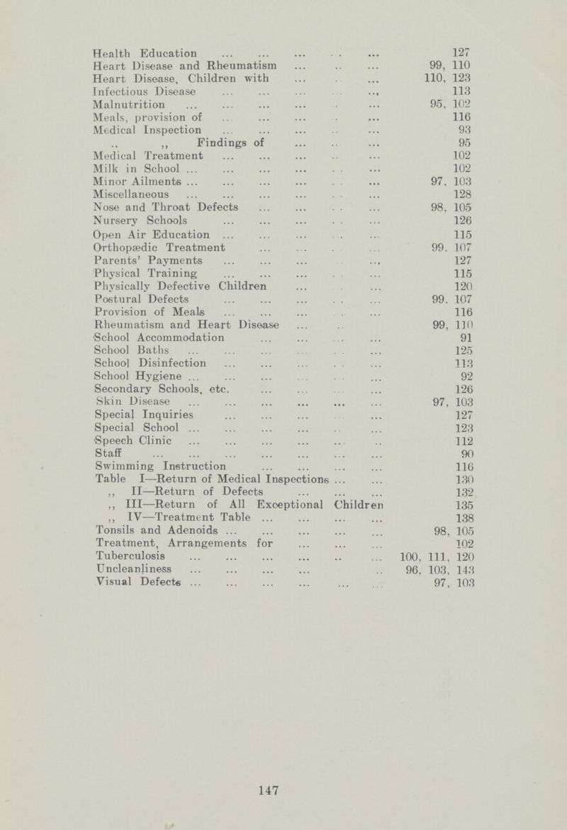 Health Education 127 Heart Disease and Rheumatism 99, 110 Heart Disease, Children with 110, 123 Infectious Disease 113 Malnutrition 95, 102 Meals, provision of 116 Medical Inspection 93 „ Findings of 95 Medical Treatment 102 Milk in School 102 Minor Ailments 97, 103 Miscellaneous 128 Nose and Throat Defects 98, 105 Nursery Schools 126 Open Air Education 115 Orthopaedic Treatment 99. 107 Parents' Payments 127 Physical Training 115 Physically Defective Children 120 Po6tural Defects 99. 107 Provision of Meals 116 Rheumatism and Heart Disease 99, 110 School Accommodation 91 School Baths 125 School Disinfection 113 School Hygiene 92 Secondary Schools, etc 126 Skin Disease 97, 103 Special Inquiries 127 Special School 123 Speech Clinic 112 Staff 90 Swimming Instruction 116 Table I—Return of Medical Inspections 130 „ II—Return of Defects 132 ,, III—Return of All Exceptional Children 135 „ IV—Treatment Table 138 Tonsils and Adenoids 98, 105 Treatment, Arrangements for 102 Tuberculosis 100, 111, 120 Uncleanliness 96, 103, 143 Visual Defects 97, 103 147