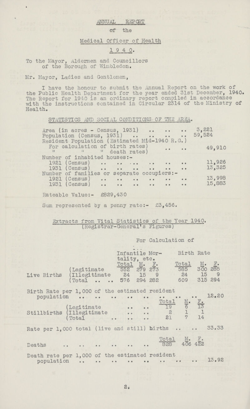 ANNUAL REPORT of the Medical Officer of Health 1 9 4 0. To the Mayor, Aldermen and Councillors of the Borough of Wimbledon. Mr. Mayor, Ladies and Gentlemen, I have the honour to submit the Annual Report on the work of the Public Health Department for the year ended 31st December, 1940. The Report for 1940 is an ordinary report compiled in accordance with the instructions contained in Circular 2314 of the Ministry of Health. STATISTICS AND SOCIAL CONDITIONS OF THE AREA. Area (in acres - Census, 1931) 3,221 Population (Census, 1931) 59,524 Resident Population (Estimated Mid-1940 R.G. ) For calculation of birth rates) 49,910    death rates) Number of inhabited houses:- 1921 (Census) 11,926 1931 (Census) 13,325 Number of families or separate occupiers:- 1921 (Census) 13,998 1931 (Census) 15,883 Rateable Value:- £829,430 Sum represented by a penny rate:- £3,456. Extracts from Vital Statistics of the Year 1940. (Registrar-General's Figures) For Calculation of Infantile Mor tality, etc. Birth Rate Total M. F. Total M. F. Live Births (Legitimate 552 279 273 585 300 285 (Illegitimate 24 15 9 24 15 9 (Total 576 294 282 609 315 294 Birth Rate per 1,000 of the estimated resident population 12.20 Total M. F. Stillbirths (Legitimate 19 6 13 (Illegitimate 2 1 1 (Total 21 7 14 Rate per 1,000 total (live and still) births 33.33 Total M. F. Deaths 828 406 422 Death rate per 1,000 of the estimated resident population 13.92 2.