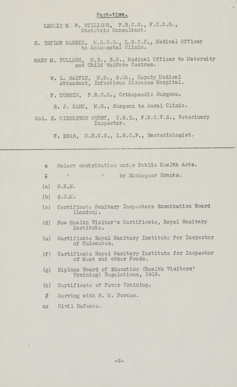 Part-time. LESLIE H.W. WILLIAMS, F.R.C.S., F.C.O.G., Obstotric Consultant. S. TAYLOR HARRIS, M.R.C.S., L.R.C.P,, Medical Officer to Ante-natal Clinic. MARY M. TULLOCH, M.B., B.S., Medical Officer to Maternity and Child Welfare Centres. W. L. GALVIN, M.B., B.Ch., Deputy Medical Attendant, Infectious Diseases Hospital. F. DURBIN, F.R.C.S,, Orthopaedic Surgeon. R, J. CANN, M.S., Surgeon to Aural Clinic. Col. E. MIDDLETON PERRY, C.B.E., F.R.C.V.S., Veterinary Inspector. F, DEAS, M.R.C.S., L.R.C.P., Bacteriologist. *Salary contribution under Public Health Acts. ‡ '' '' by Exchequer Grants. (a) S.R,N. (b) S.C.M. (c) Certificate Sanitary Inspectors Examination Board (London), (d) New Health Visitor's Certificate, Royal Sanitary Institute. (e) Certificate Royal Sanitary Institute for Inspector of Nuisances, (f) Certificate Royal Sanitary Institute for Inspector of Meat and other Foods. (g) Diploma Board of Education (Health Visitors' Training) Regulations, 1919. (h) Certificate of Fever Training, Ø Serving with H. M. Forces. xx Civil Defence.