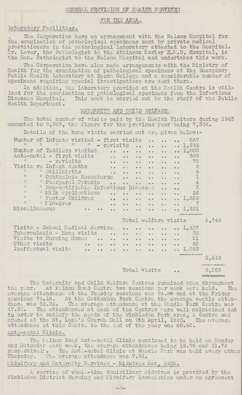 GENERAL PROVISION OF HEALTH SERVICES. FOR THE AREA. laboratory Facilities. , The Corporation have an arrangement with the Nelson Hospital for the examination of pathological specimens sent by private medical practitioners in the pathological laboratory attached to the Hospital. Dr. Lever, the Pathologist to the Atkinson Morley E.M.S. Hospital, is the Hon. Pathologist to the Nelson Hospital and undertakes this work. The Corporation have also made arrangements with the Ministry of Health for the examination of pathological specimens at the Emergency Public Health Laboratory at Epson College and a considerable number of specimens requiring special investigations are sent there. In addition, the laboratory provided at the Health Centre is util ised for the examination of pathological specimens from the Infectious Diseases Hospital. This work is carried out by the staff of the Public Health Department. MATERNITY AND CHILD WELFARE . The total number of visits paid by the Health Visitors during 1943 amounted to 9,365, the figure for the previous year being 7,334. Details of the home visits carried out arc given below:- Number of Infants visited - first visits 667     - revisits 1,244 Number of Toddlers visited 1,883 Ante-natal - first visits 389  - revisits 72 Visits re Infant deaths 6  Stillbirths 6   Ophthalmia Neonatorum 1   Puerperal Pyrexia 4   Non-notifiable Infectious Diseases 3  Milk applications 12   Foster Children 1,229  Midwives 7 Miscellaneous 1,221 Total welfare visits 6,744 Visits - School Medical Service. 1,437 Tuberculosis - Homo visits 32 Visits to Nursing Homes 21 Other visits 46 Ineffectual visits 1,083 2,619 Total visits 9,363 The Maternity and Child Welfare Centres remained open throughout the year. At Pelham Road Centre two sessions per week were held. The average attendance at the Tuesday sessions was 76.36 and at the Friday sessions 74.18. At the Cottenham Park Centre the average weekly atten dance was 52.32. The average attendance at the Wandle Park Centre was 47.52. The attendances at each of the Centres were well maintained and in order to satisfy the needs of the Wimbledon Park area, a Centre was opened at the St. Luke's Church Hall on 9th April, 1943. The average attendance at this Centre, to the end of tho year was 68.60. Ante-natal Clinic. The Pelham Road Ante-natal Clinic continued to be held on Monday and Saturday each week, the average attendances being 19.76 and 11.72 respectively . The Ante-natal Clinic at Wandle Park was held every other Thursday. The average attendance was 7.81, Midwifery and Maternity Services - Midwives Act, 1936. A service of whole-time domiciliary midwives is provided by the Wimbledon District Nursing and Midwifery Association under an agreement -8-