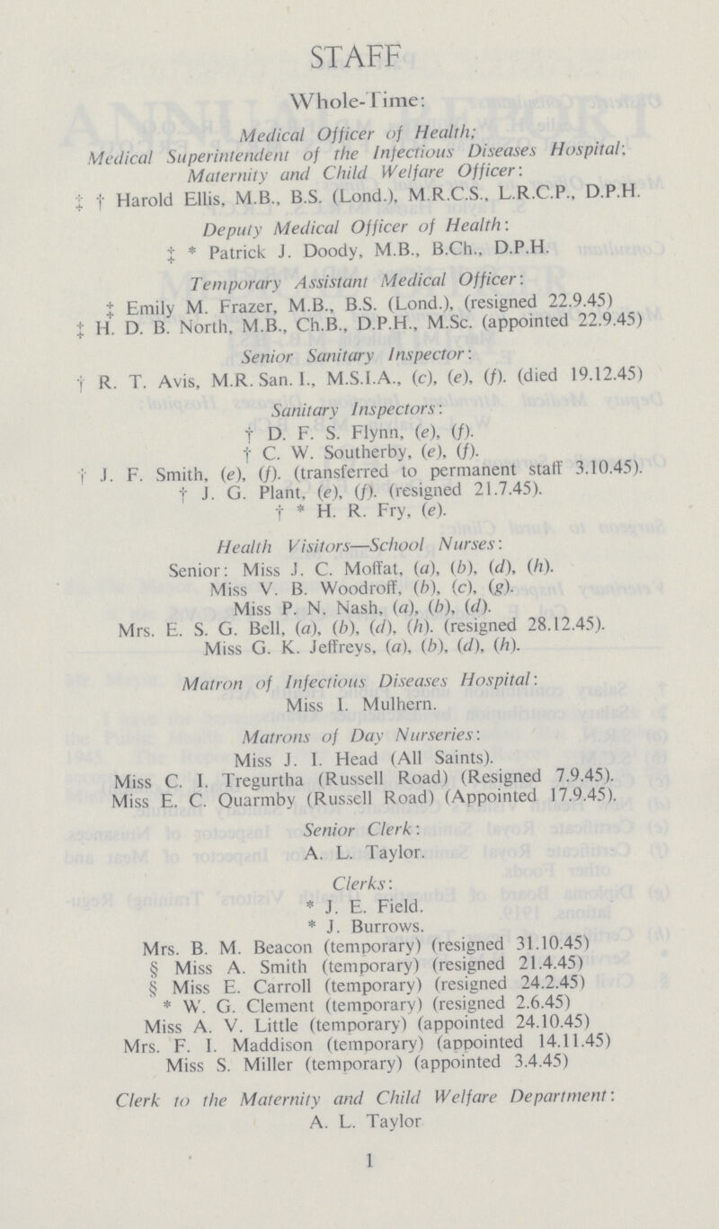 STAFF Whole-Time: Medical Officer of Health; Medical Superintendent of the Infectious Diseases Hospital: Maternity and Child Welfare Officer: ‡ † Harold Ellis, M B., B.S. (Lond.), M.R.C.S., L.R.C.P., D.P.H. Deputy Medical Officer of Health: ‡ * Patrick J. Doody, M.B., B.Ch., D.P.H. Temporary Assistant Medical Officer: ‡ Emily M. Frazer, M.B., B.S. (Lond.), (resigned 22.9.45) ‡ H. D. B. North, M.B., Ch.B., D.P.H., M.Sc. (appointed 22.9.45) Senior Sanitary Inspector : † R. T. Avis, M.R. San. I., M.S.I.A., (c), (e), (f). (died 19.12.45) Sanitary Inspectors: † D. F. S. Flynn, (e), (f). † C. W. Southerby, (e), (f). † J. F. Smith, (e), (f). (transferred to permanent staff 3.10.45). † J. G. Plant, (e), (f). (resigned 21.7.45). † * H. R. Fry, (e). Health Visitors—School Nurses: Senior: Miss J. C. Moffat, (a), (b), (d), (h). Miss V. B. Woodroff, (b), (c), (g). Miss P. N. Nash, (a), (b), (d). Mrs. E. S. G. Bell, (a), (b), (d), (h). (resigned 28.12.45). Miss G. K. Jeffreys, (a), (b), (d), (h). Matron of Infectious Diseases Hospital: Miss I. Mulhern. Matrons of Day Nurseries: Miss J. I. Head (All Saints). Miss C. I. Tregurtha (Russell Road) (Resigned 7.9.45). Miss E. C. Quarmby (Russell Road) (Appointed 17.9.45). Senior Clerk: A. L. Taylor. Clerks: * J. E. Field. * J. Burrows. Mrs. B. M. Beacon (temporary) (resigned 31.10.45) § Miss A. Smith (temporary) (resigned 21.4.45) § Miss E. Carroll (temporary) (resigned 24.2.45) * W. G. Clement (temporary) (resigned 2.6.45) Miss A. V. Little (temporary) (appointed 24.10.45) Mrs. F. I. Maddison (temporary) (appointed 14.11.45) Miss S. Miller (temporary) (appointed 3.4.45) Clerk to the Maternity and Child Welfare Department: A. L. Taylor 1