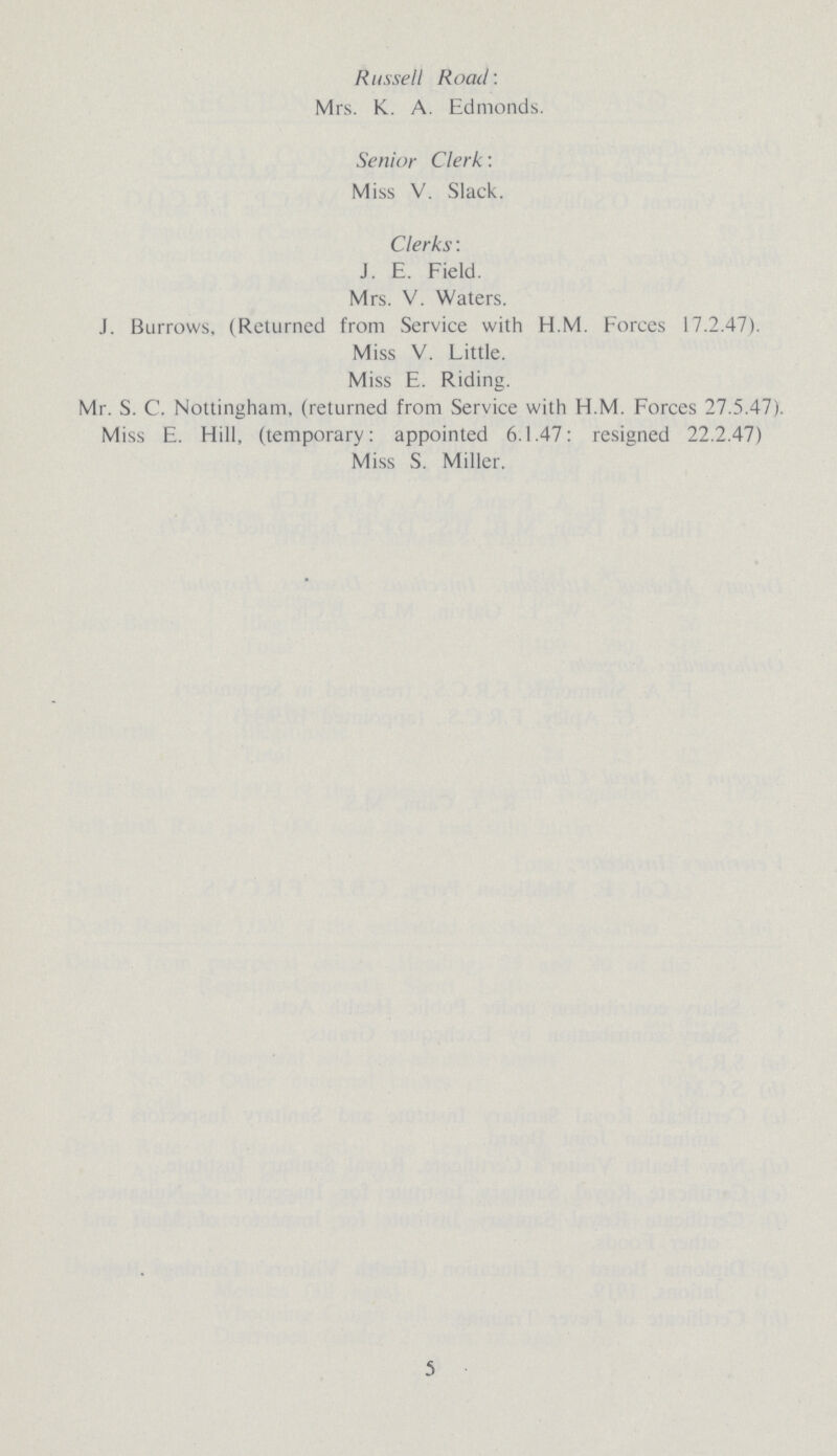 Russell Road: Mrs. K. A. Edmonds. Senior Clerk: Miss V. Slack. Clerks: J. E. Field. Mrs. V. Waters. J. Burrows, (Returned from Service with H.M. Forces 17.2.47). Miss V. Little. Miss E. Riding. Mr. S. C. Nottingham, (returned from Service with H.M. Forces 27.5.47). Miss E. Hill, (temporary: appointed 6.1.47: resigned 22.2.47) Miss S. Miller. 5