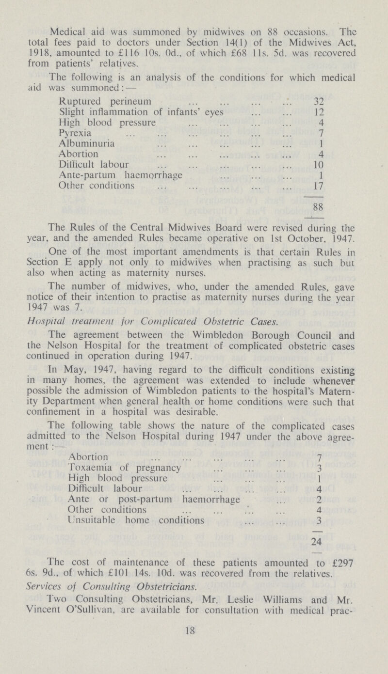 Medical aid was summoned by midwives on 88 occasions. The total fees paid to doctors under Section 14(1) of the Midwives Act, 1918, amounted to £116 10s. 0d., of which £68 11s. 5d. was recovered from patients' relatives. The following is an analysis of the conditions for which medical aid was summoned:— Ruptured perineum 32 Slight inflammation of infants' eyes 12 High blood pressure 4 Pyrexia 7 Albuminuria 1 Abortion 4 Difficult labour 10 Ante-partum haemorrhage 1 Other conditions 17 88 The Rules of the Central Midwives Board were revised during the year, and the amended Rules became operative on 1st October, 1947. One of the most important amendments is that certain Rules in Section E apply not only to midwives when practising as such but also when acting as maternity nurses. The number of midwives, who, under the amended Rules, gave notice of their intention to practise as maternity nurses during the year 1947 was 7. Hospital treatment for Complicated Obstetric Cases. The agreement between the Wimbledon Borough Council and the Nelson Hospital for the treatment of complicated obstetric cases continued in operation during 1947. In May, 1947, having regard to the difficult conditions existing in many homes, the agreement was extended to include whenever possible the admission of Wimbledon patients to the hospital's Matern ity Department when general health or home conditions were such that confinement in a hospital was desirable. The following table shows the nature of the complicated cases admitted to the Nelson Hospital during 1947 under the above agree ment:— Abortion 7 Toxaemia of pregnancy 3 High blood pressure 1 Difficult labour 4 Ante or post-partum haemorrhage 2 Other conditions 4 Unsuitable home conditions 3 24 The cost of maintenance of these patients amounted to £297 6s. 9d., of which £101 14s. l0d. was recovered from the relatives. Services of Consulting Obstetricians. Two Consulting Obstetricians, Mr. Leslie Williams and Mr. Vincent O'Sullivan, are available for consultation with medical prac¬ 18