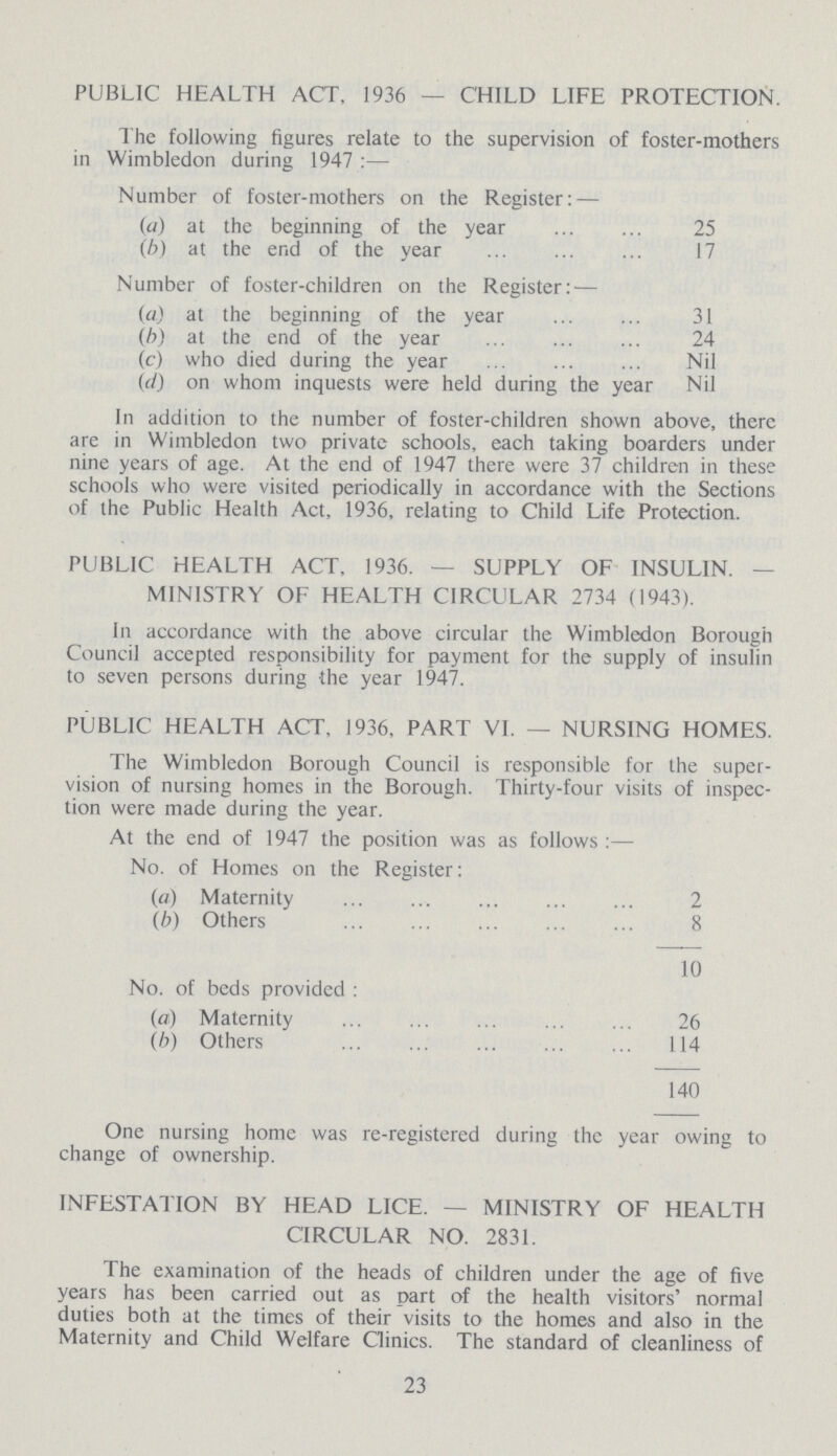 PUBLIC HEALTH ACT. 1936 — CHILD LIFE PROTECTION. The following figures relate to the supervision of foster-mothers in Wimbledon during 1947:— Number of foster-mothers on the Register:— (a) at the beginning of the year 25 (b) at the end of the year 17 Number of foster-children on the Register: — (a) at the beginning of the year 31 (b) at the end of the year 24 (c) who died during the year Nil (d) on whom inquests were held during the year Nil In addition to the number of foster-children shown above, there are in Wimbledon two private schools, each taking boarders under nine years of age. At the end of 1947 there were 37 children in these schools who were visited periodically in accordance with the Sections of the Public Health Act, 1936, relating to Child Life Protection. PUBLIC HEALTH ACT, 1936. — SUPPLY OF INSULIN. — MINISTRY OF HEALTH CIRCULAR 2734 (1943). In accordance with the above circular the Wimbledon Borough Council accepted responsibility for payment for the supply of insulin to seven persons during the year 1947. PUBLIC HEALTH ACT, 1936, PART VI. — NURSING HOMES. The Wimbledon Borough Council is responsible for the super vision of nursing homes in the Borough. Thirty-four visits of inspec tion were made during the year. At the end of 1947 the position was as follows:— No. of Homes on the Register: (a) Maternity 2 (b) Others 8 10 No. of beds provided: (a) Maternity 26 (b) Others 114 140 One nursing home was re-registered during the year owing to change of ownership. INFESTATION BY HEAD LICE. — MINISTRY OF HEALTH CIRCULAR NO. 2831. The examination of the heads of children under the age of five years has been carried out as part of the health visitors' normal duties both at the times of their visits to the homes and also in the Maternity and Child Welfare Clinics. The standard of cleanliness of 23